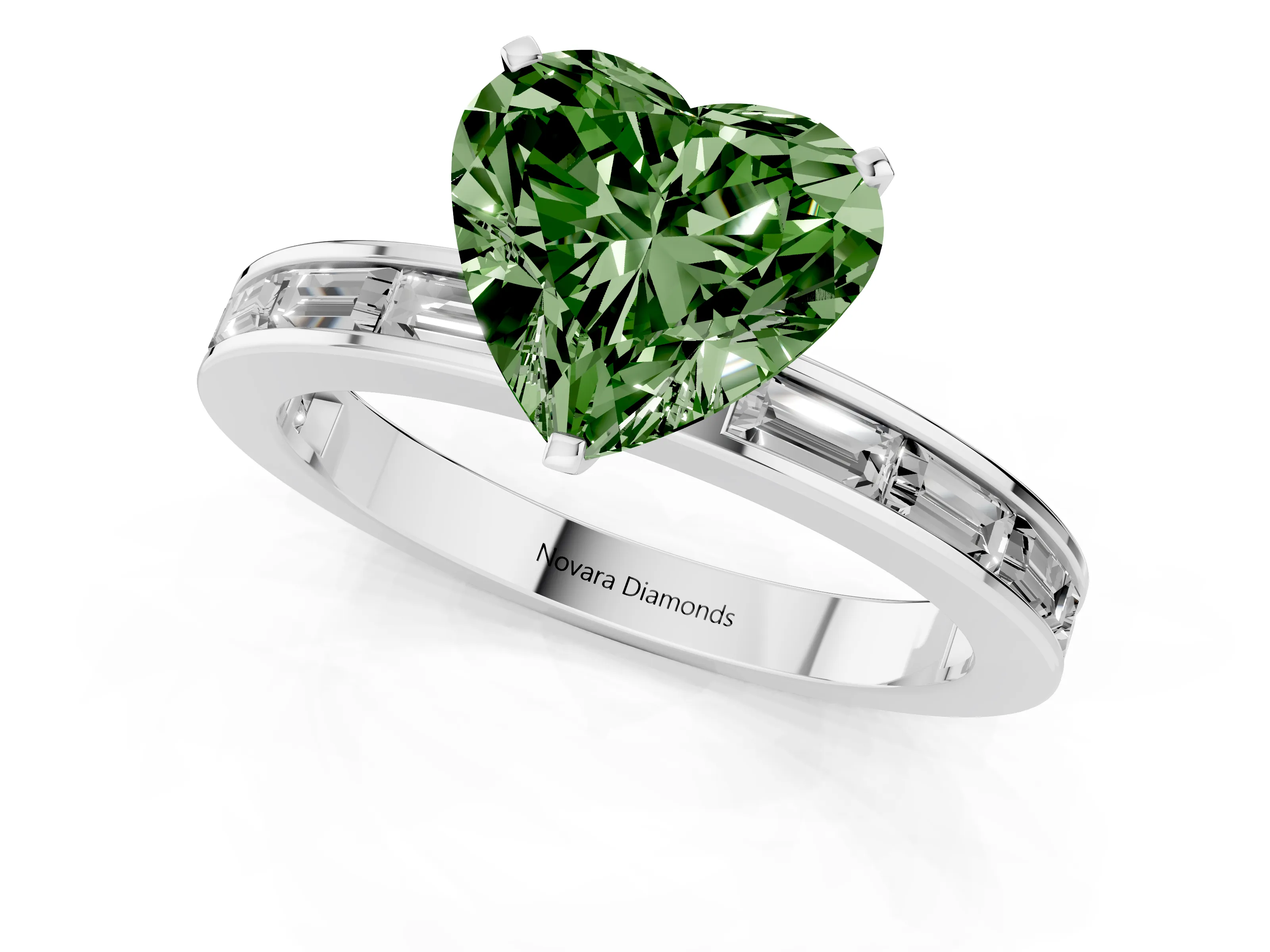 Fancy Green Heart Cut Diamond Solitaire Ring Set in Silver with Channel-Set Baguette Band and Prong Setting
