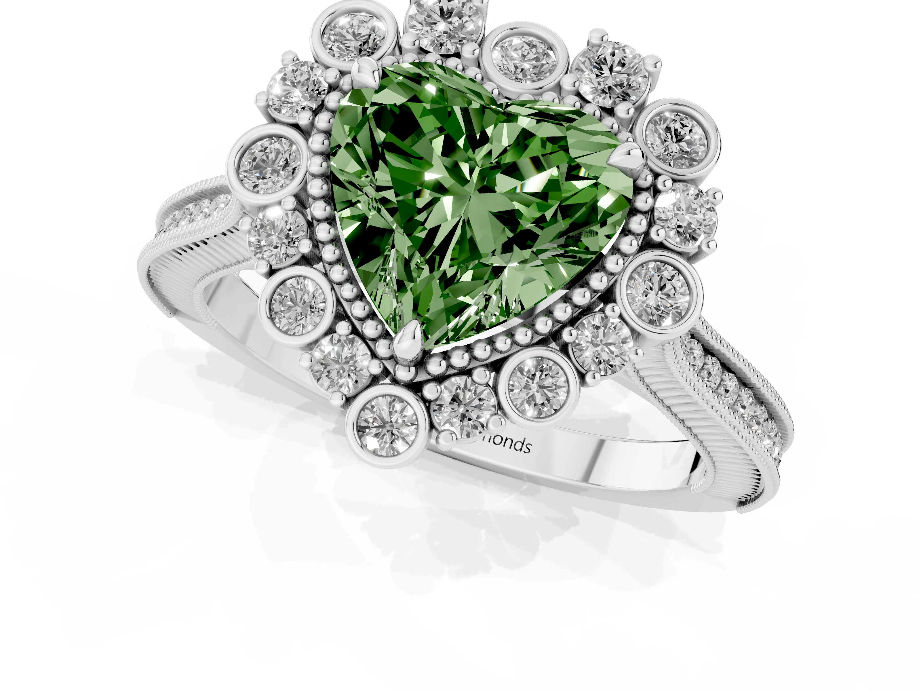 Fancy Green Heart Cut Diamond Halo Milgrain Pavé Ring Set in White gold with Prong Setting