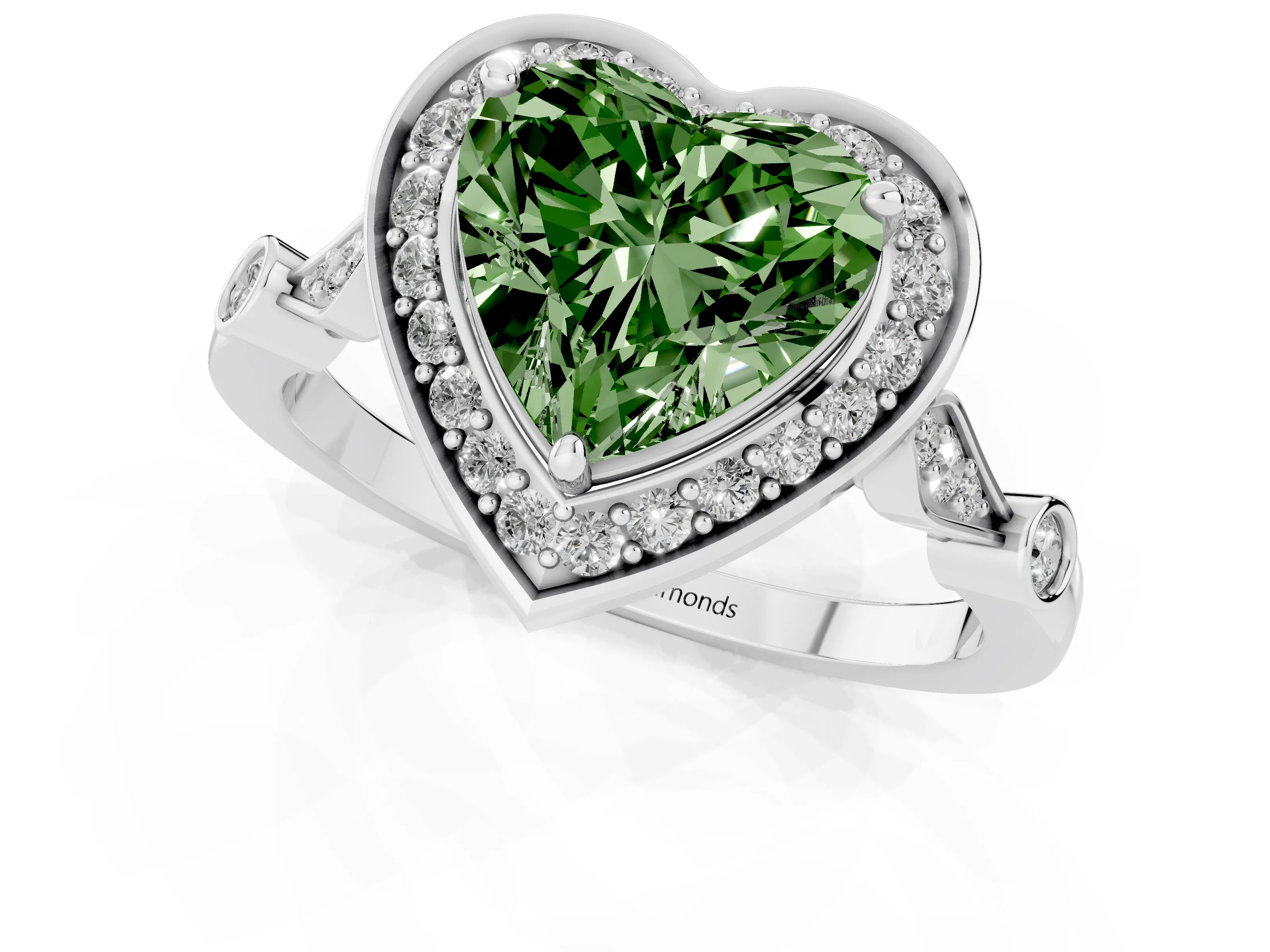Fancy Green Heart Cut Diamond Halo Engagement Ring Set in White gold with Twisted Band and Prong Setting