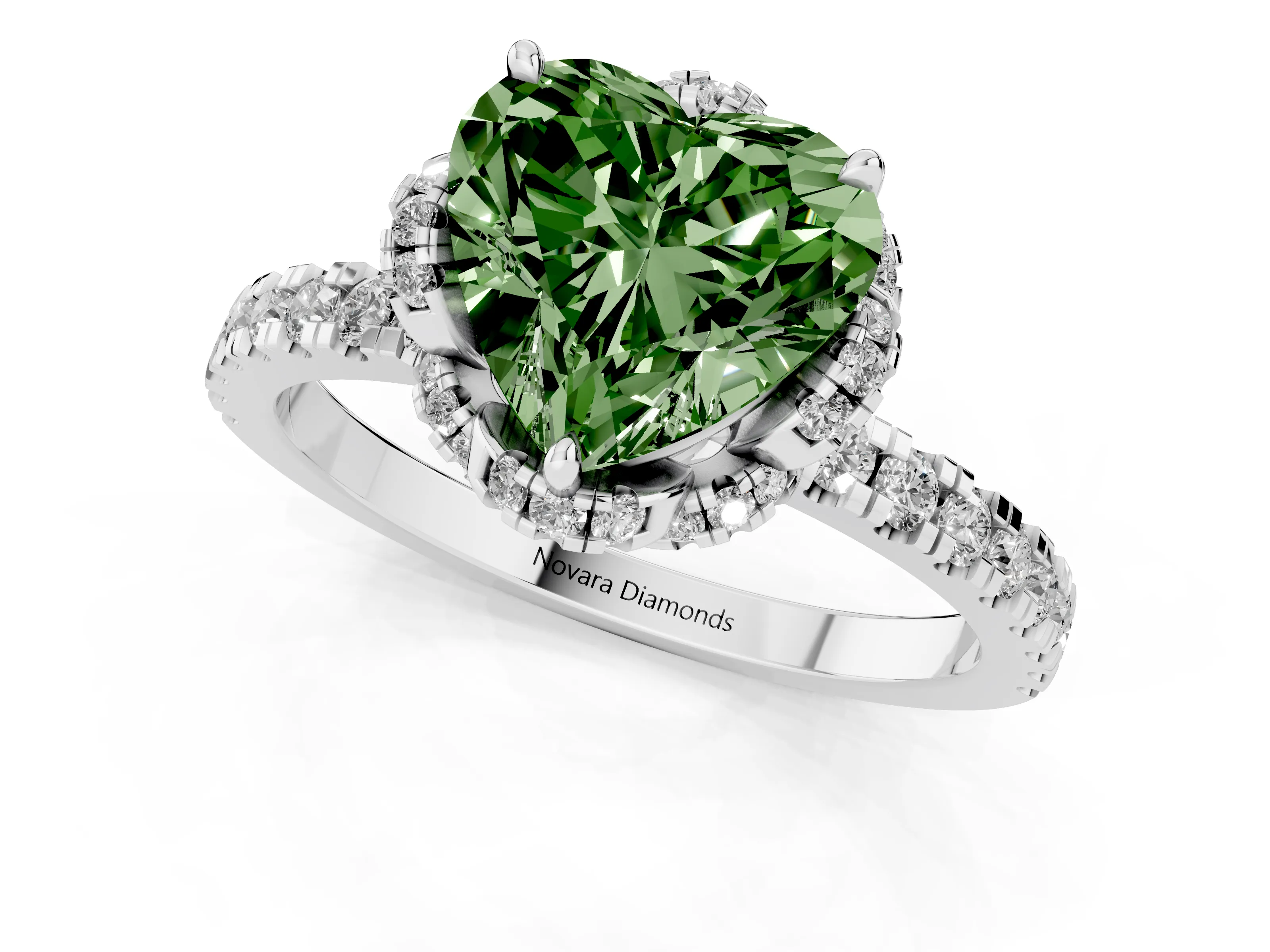 Fancy Green Heart Cut Diamond Halo Pavé Band Ring Set in White gold with Prong-Held Center