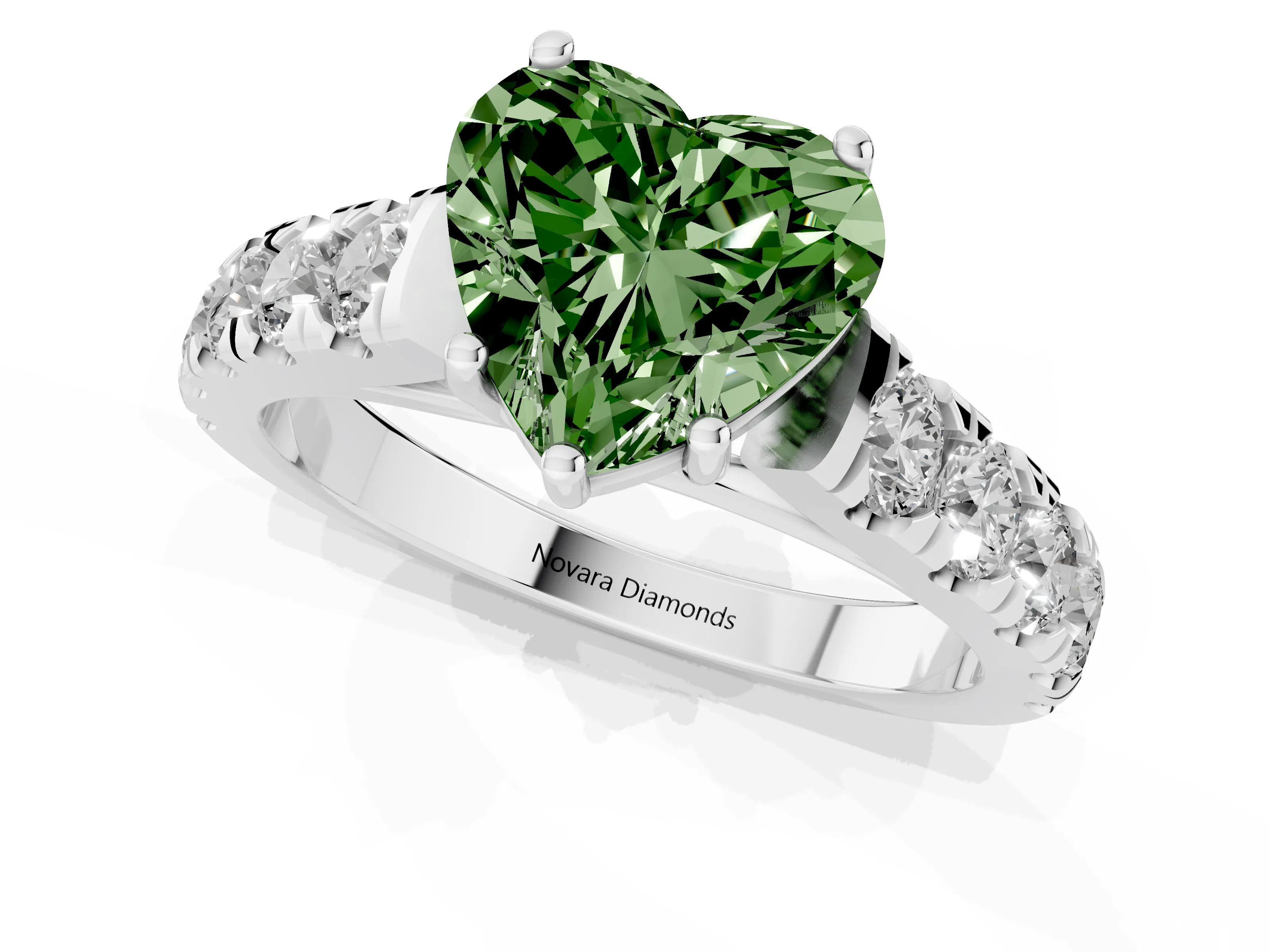 Fancy Green Heart Cut Diamond Solitaire Ring Set in White gold with Cut-Down Micro Pavé Band and Prong Setting
