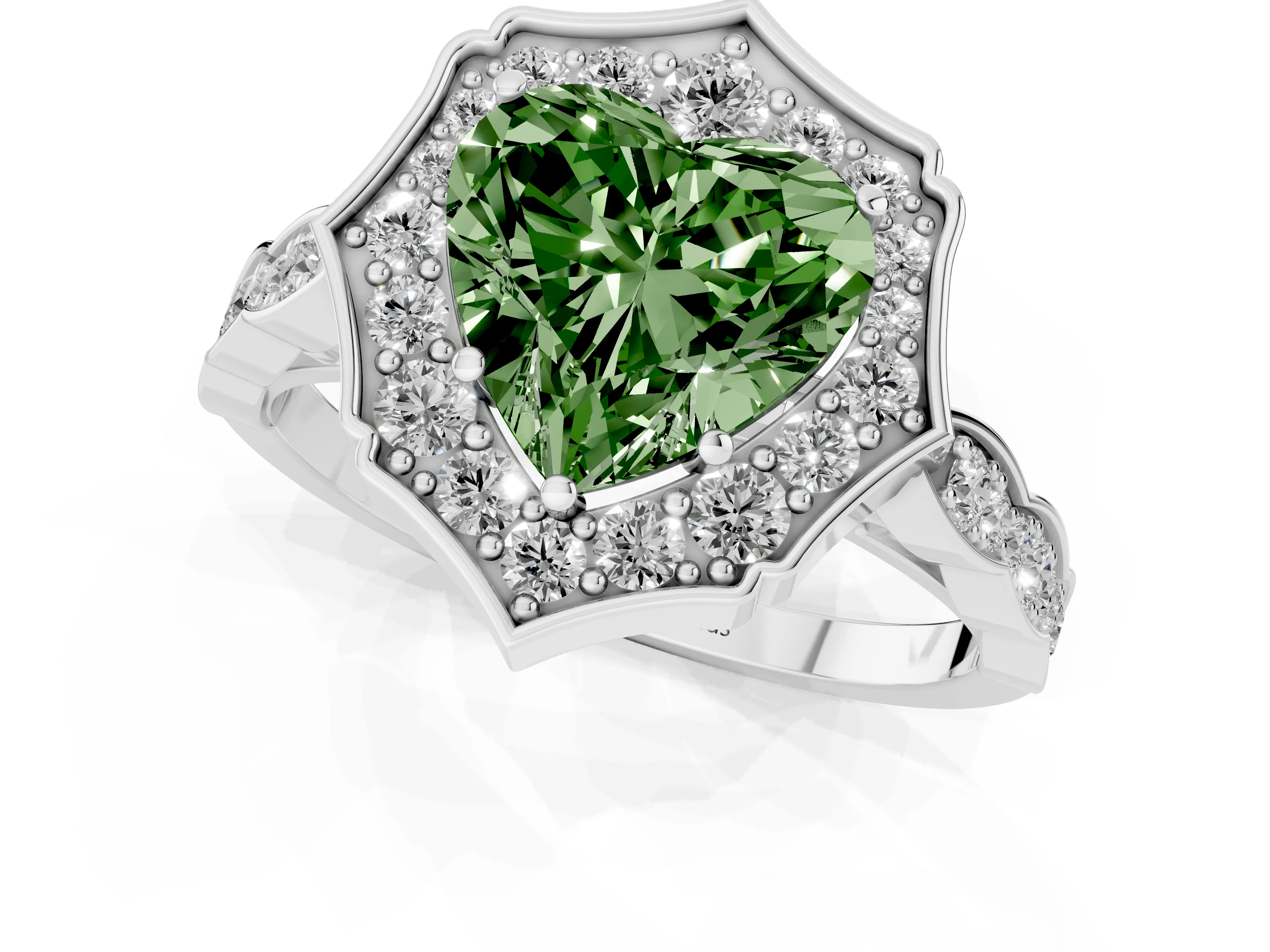 Fancy Green Heart Cut Diamond Halo Engagement Ring Set in White gold with Milgrain Band and Prong Setting