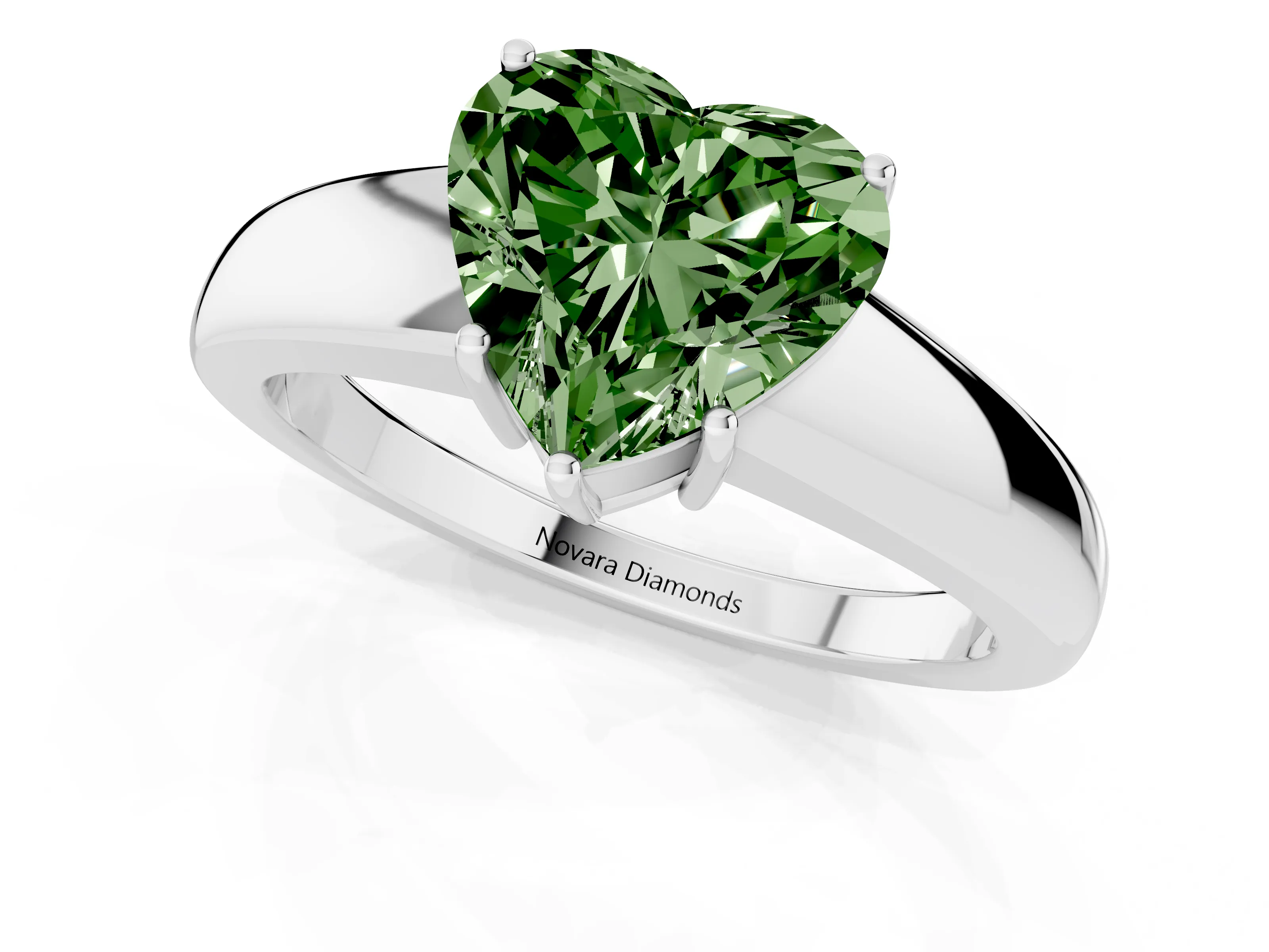 Fancy Green Heart Cut Diamond Solitaire Ring Set in Platinum with Tapered Band and Prong Setting