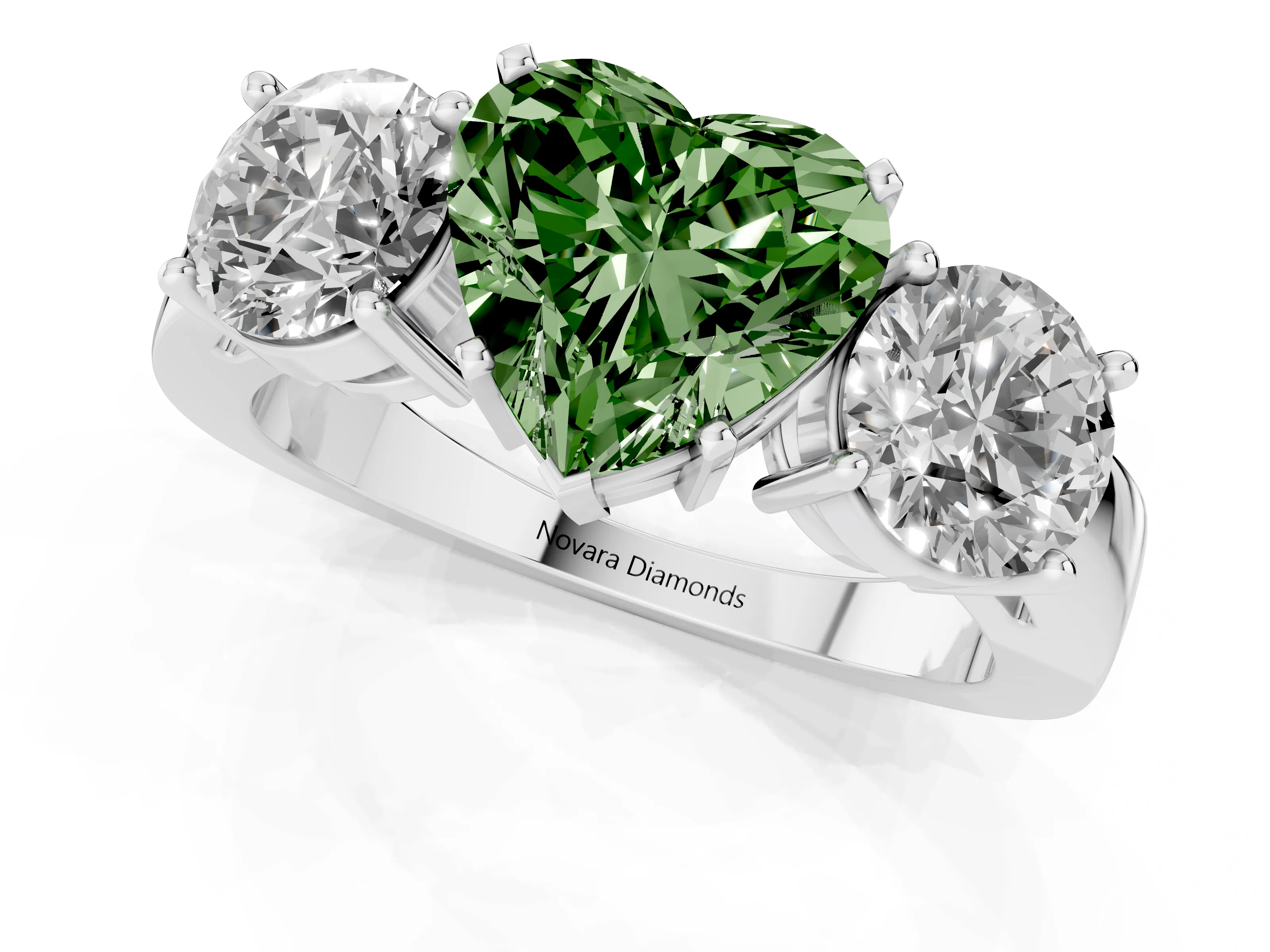 Fancy Green Heart Cut Diamond Three-Stone Ring Set in Platinum with Round Side Stones and Classic Band