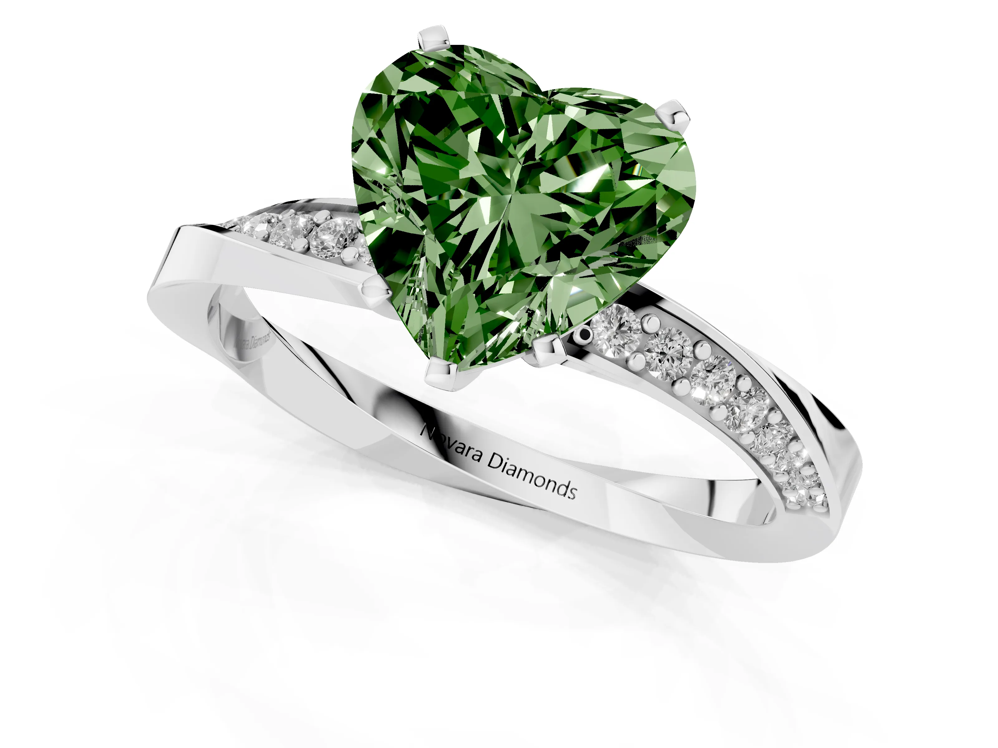 Fancy Green Heart Cut Diamond Engagement Ring Set in White gold with Side Stone Accents and Prong Setting