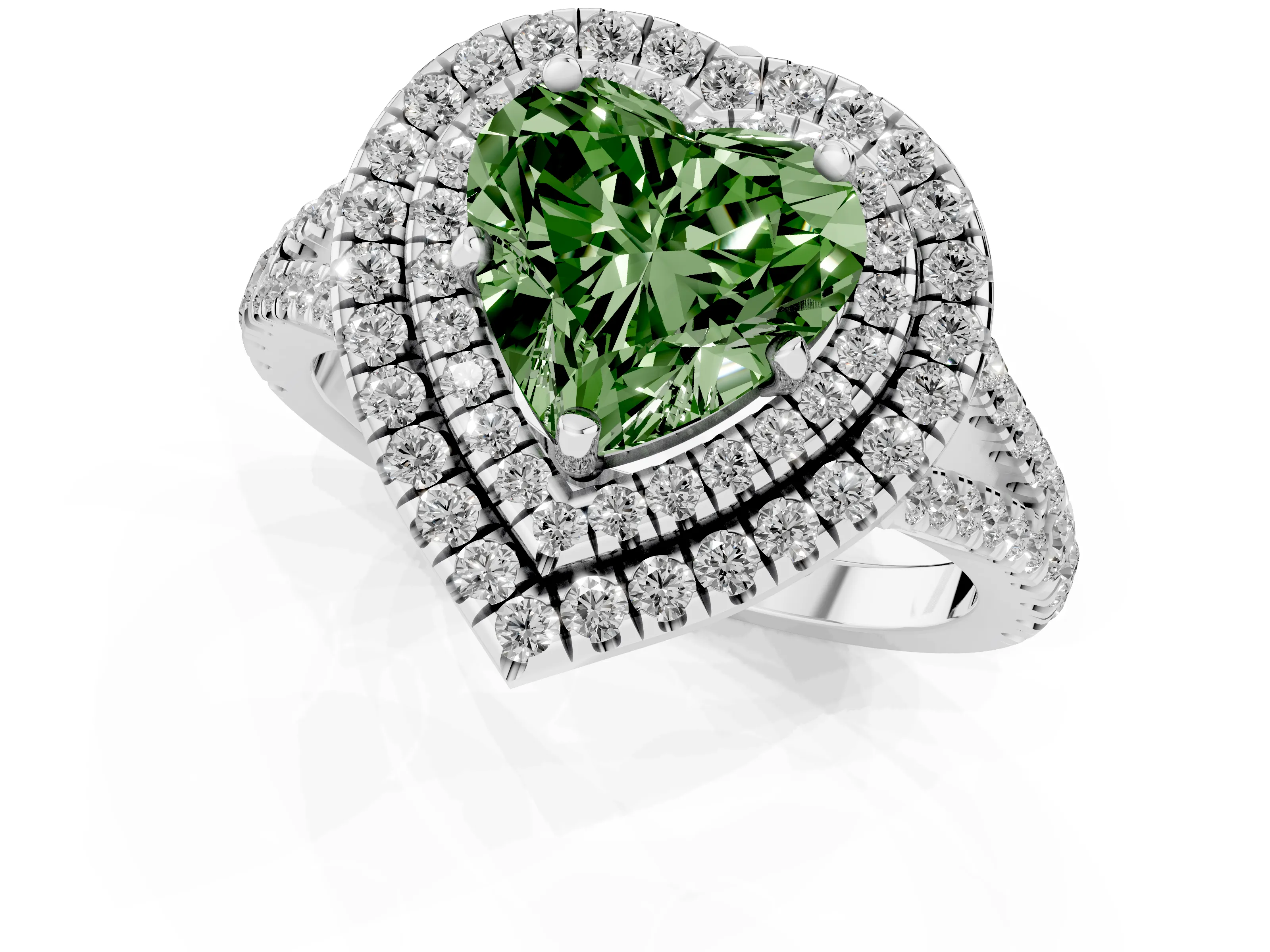 Fancy Green Heart Cut Diamond Double Halo Ring Set in Platinum with Pavé Band – second view