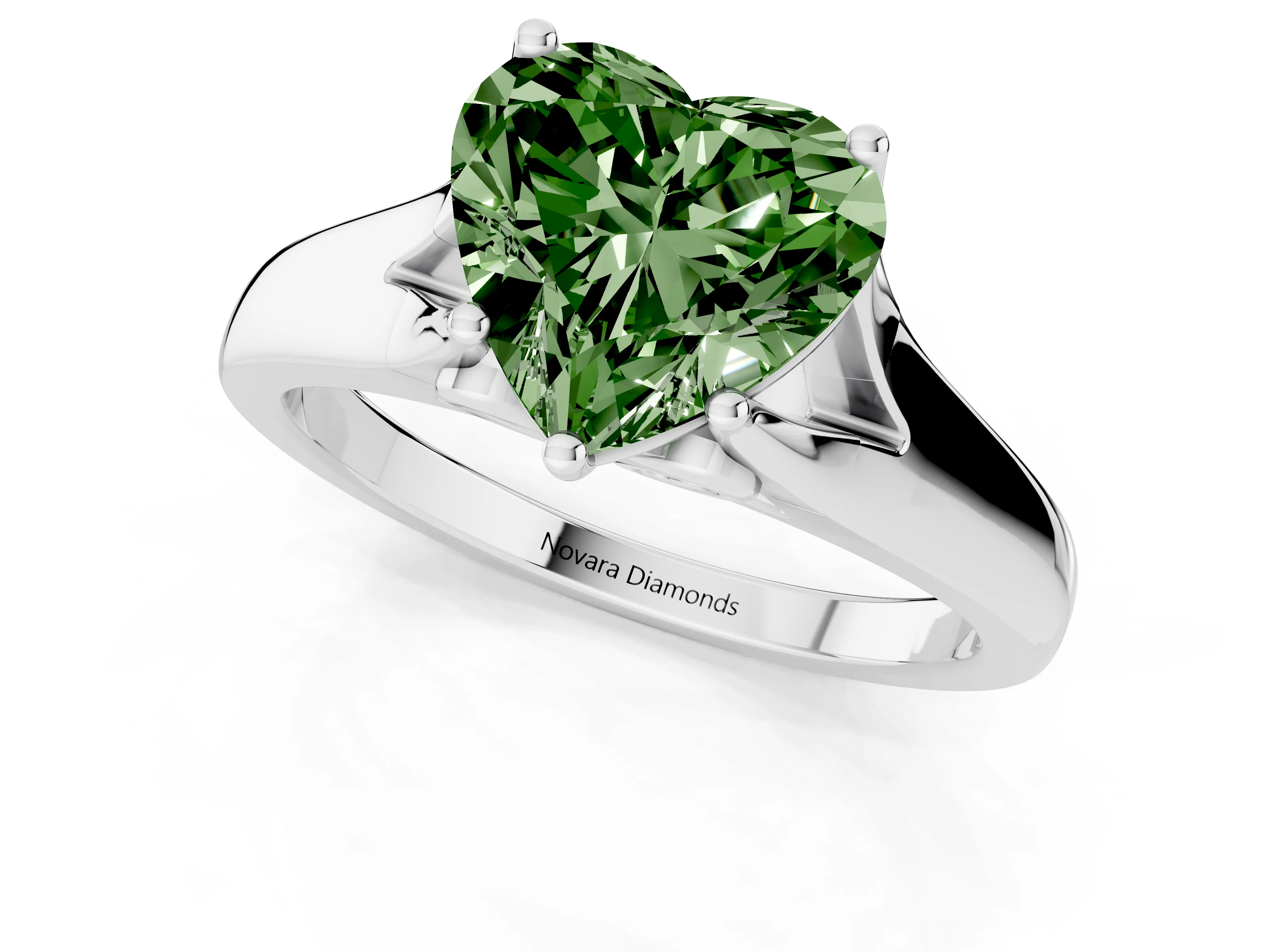 Fancy Green Heart Cut Diamond Solitaire Ring Set in White gold with Arched Cathedral Band and Prong Setting