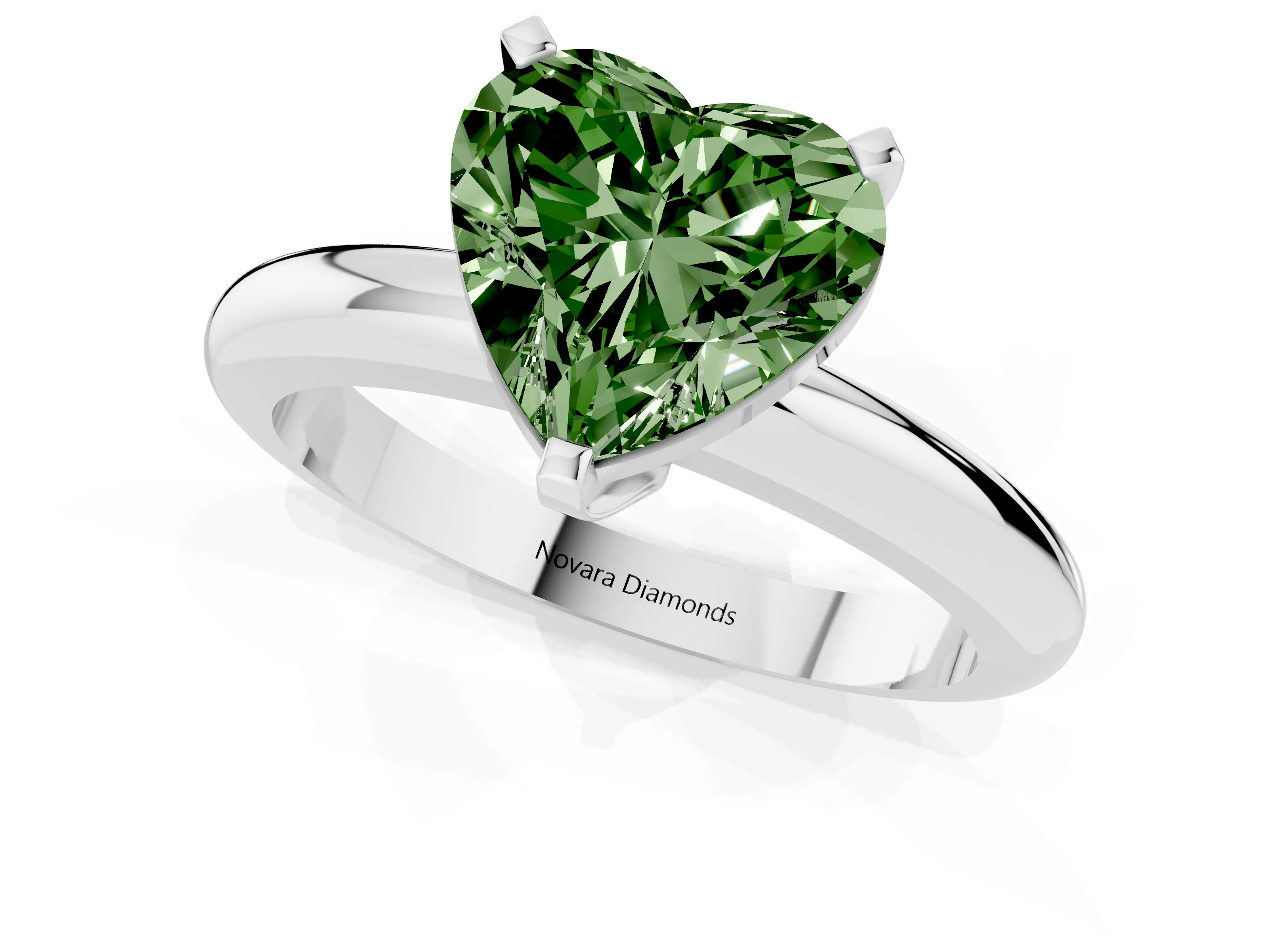 Fancy Green Heart Cut Diamond Solitaire Engagement Ring Set in White gold with Round Band and Prong Setting