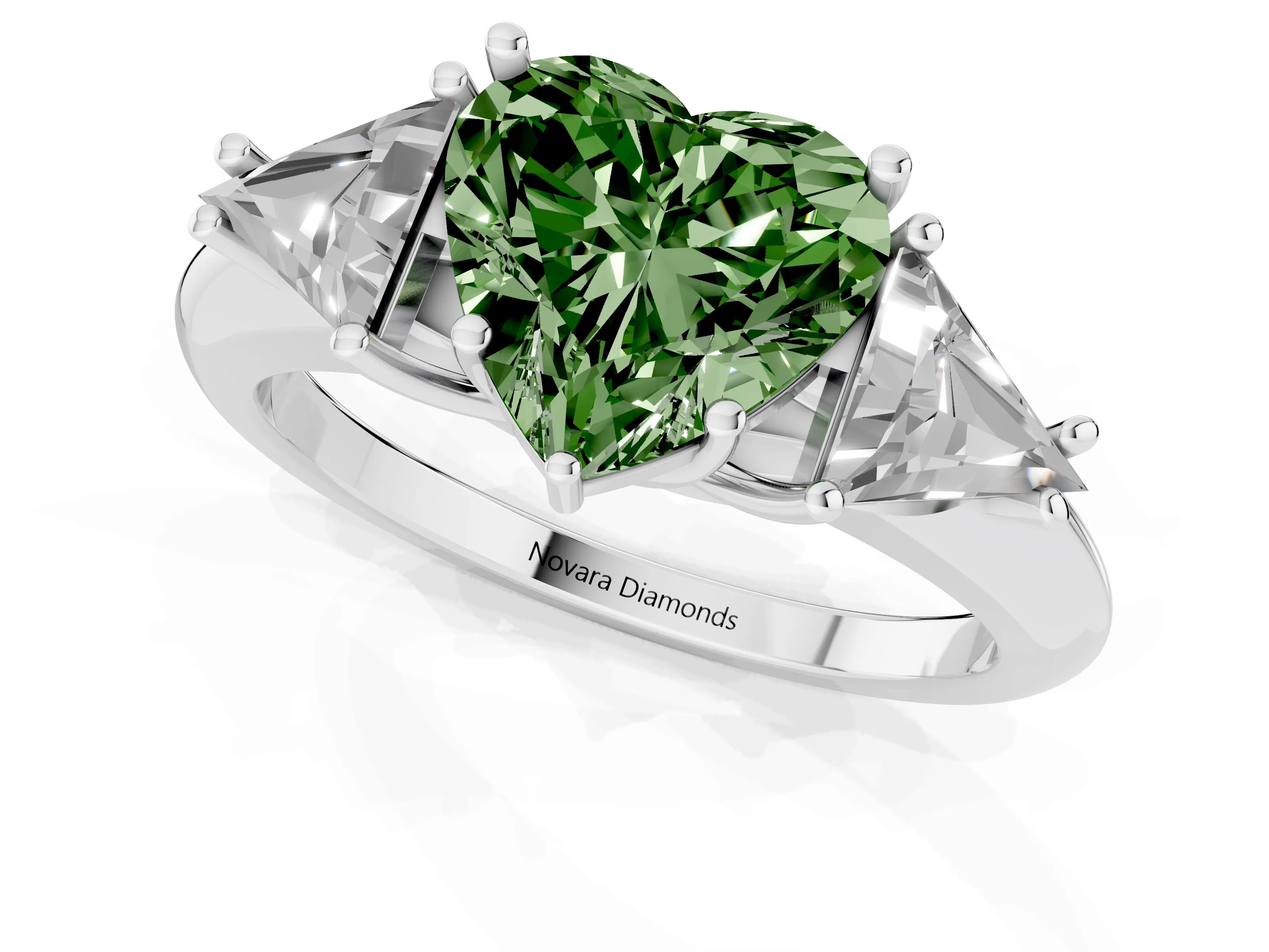 Fancy Green Heart Cut Diamond Three-Stone Engagement Ring Set in Platinum with Trillion Side Stones
