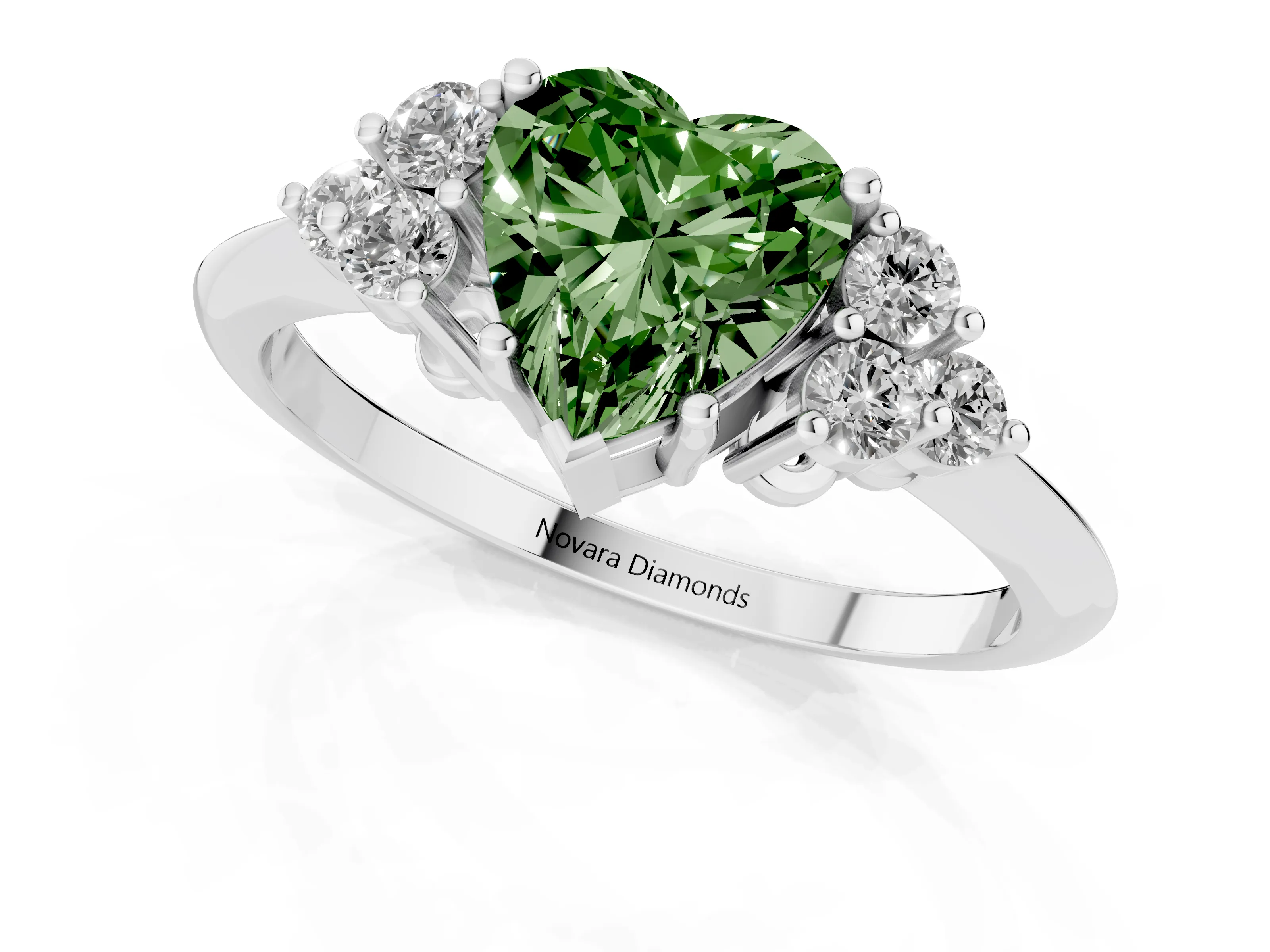Fancy Green Heart Cut Diamond Cluster Ring Set in Silver with Plain Band and Prong Setting