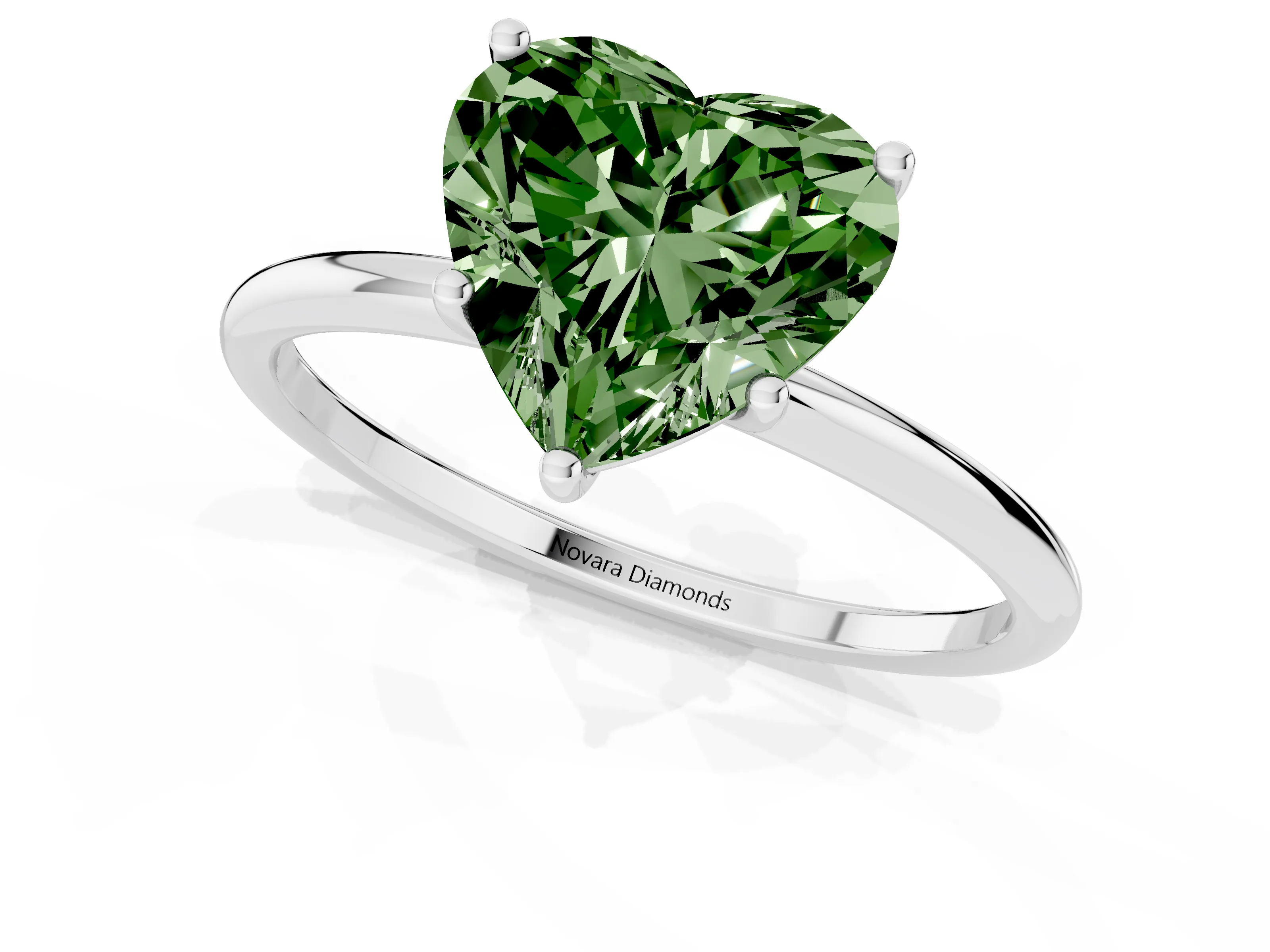Fancy Green Heart Cut Diamond Solitaire Engagement Ring Set in Silver with Thin Band and Prong Setting
