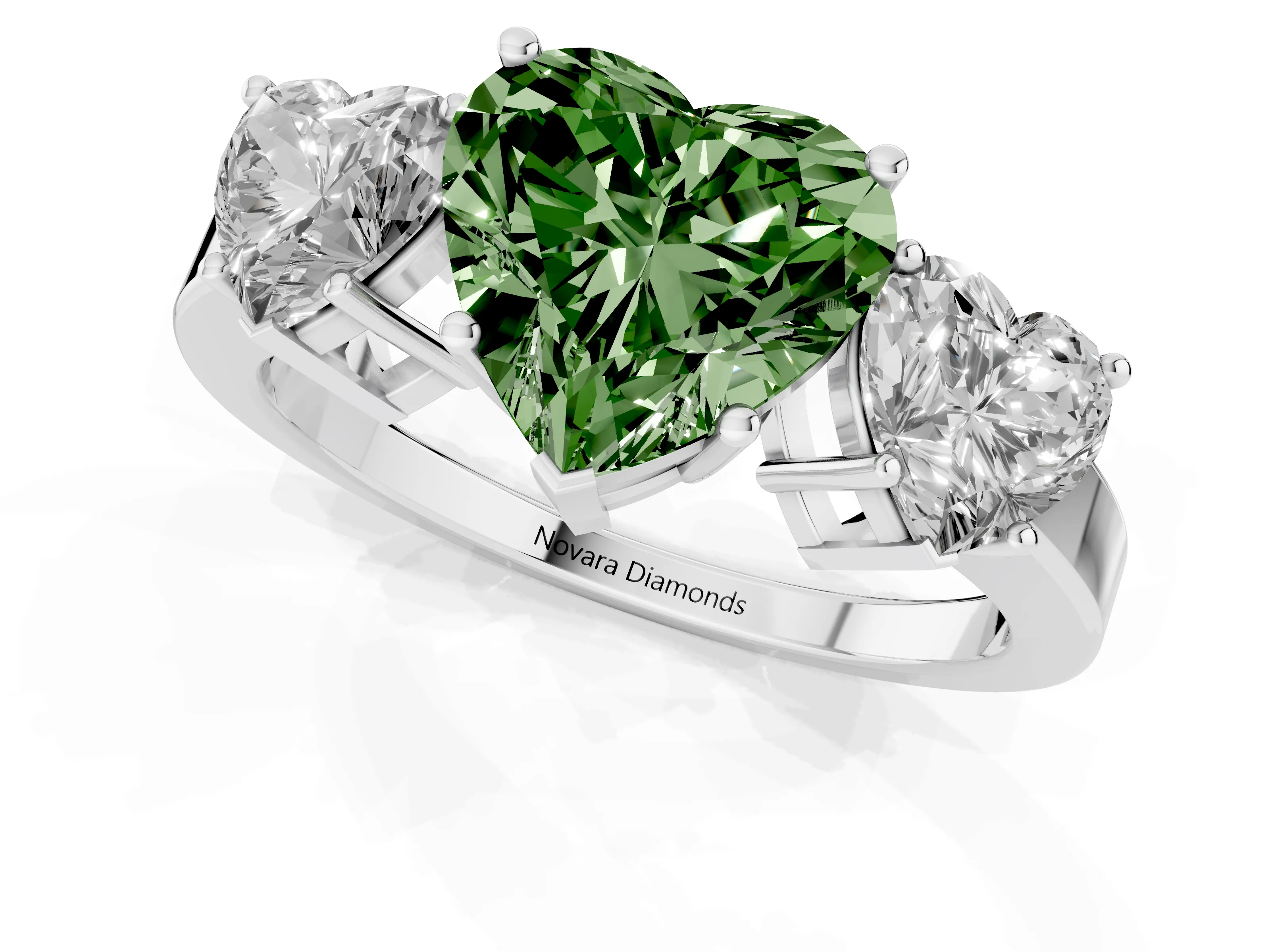 Fancy Green Heart Cut Diamond Three-Stone Engagement Ring Set in Platinum with Flat Band