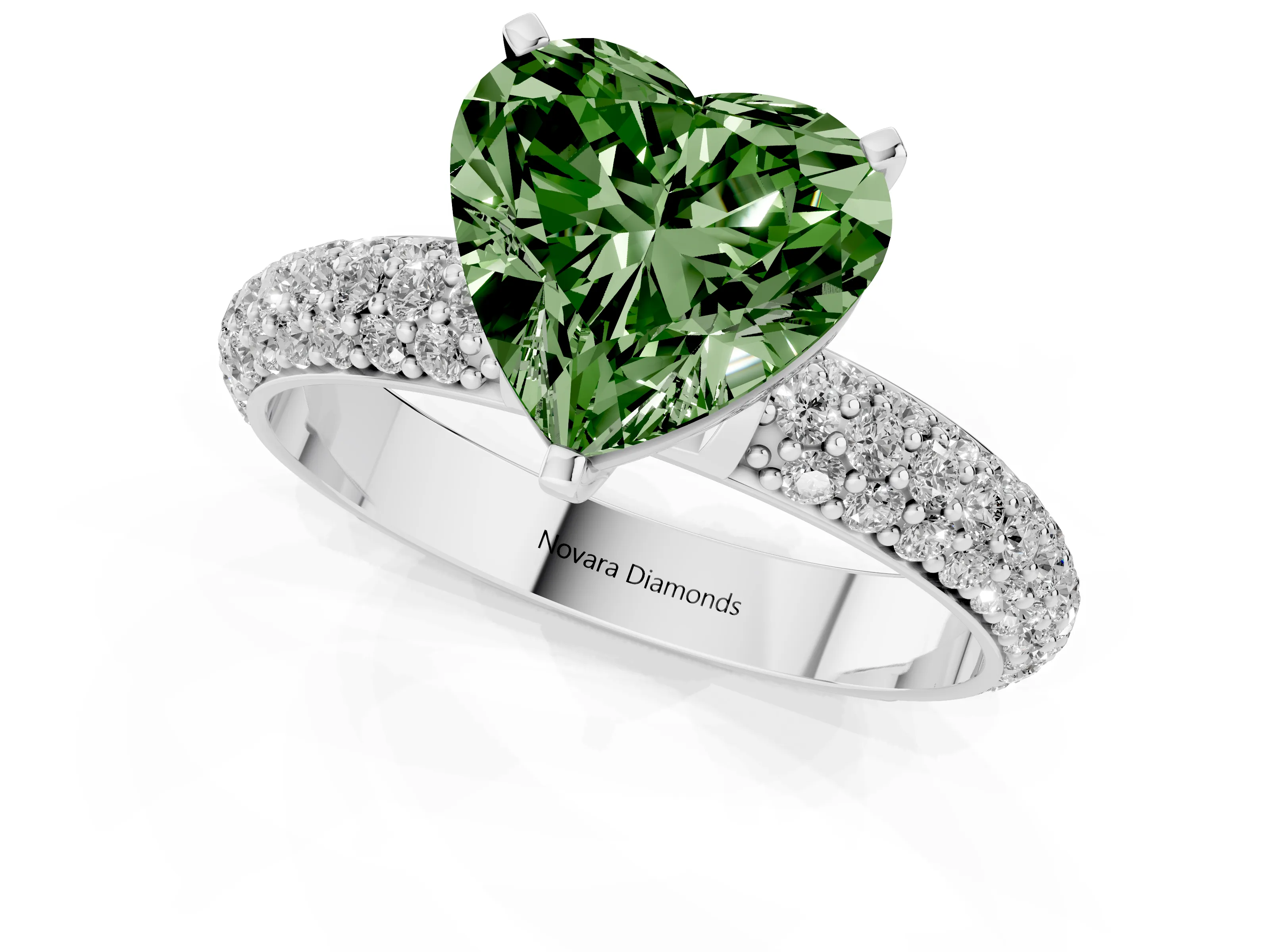 Fancy Green Heart Cut Diamond Solitaire Ring Set in Platinum with Prong Setting and Pavé-Set Band