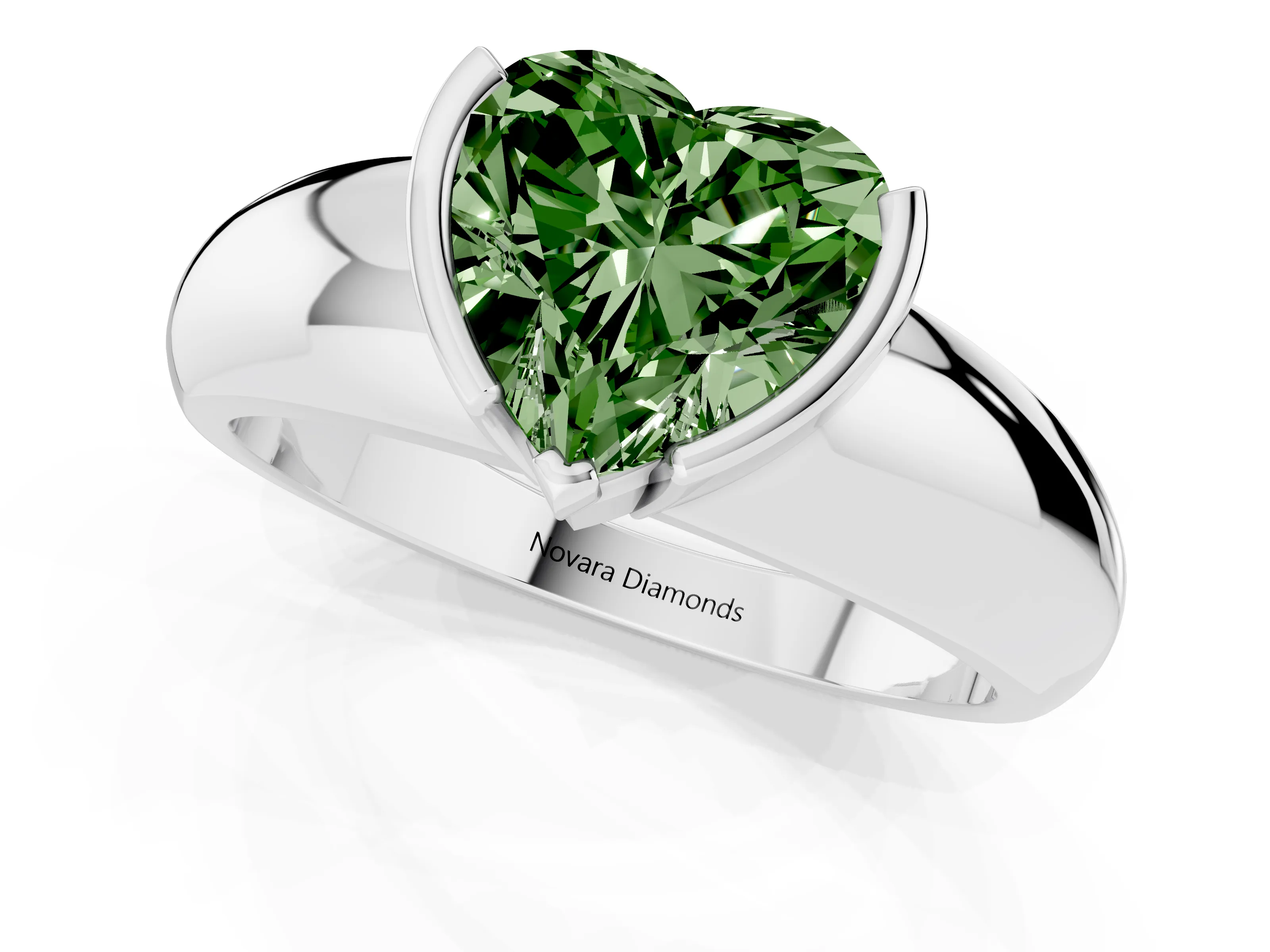 Fancy Green Heart Cut Diamond Solitaire Tension Set Ring Set in White gold with Wide Band
