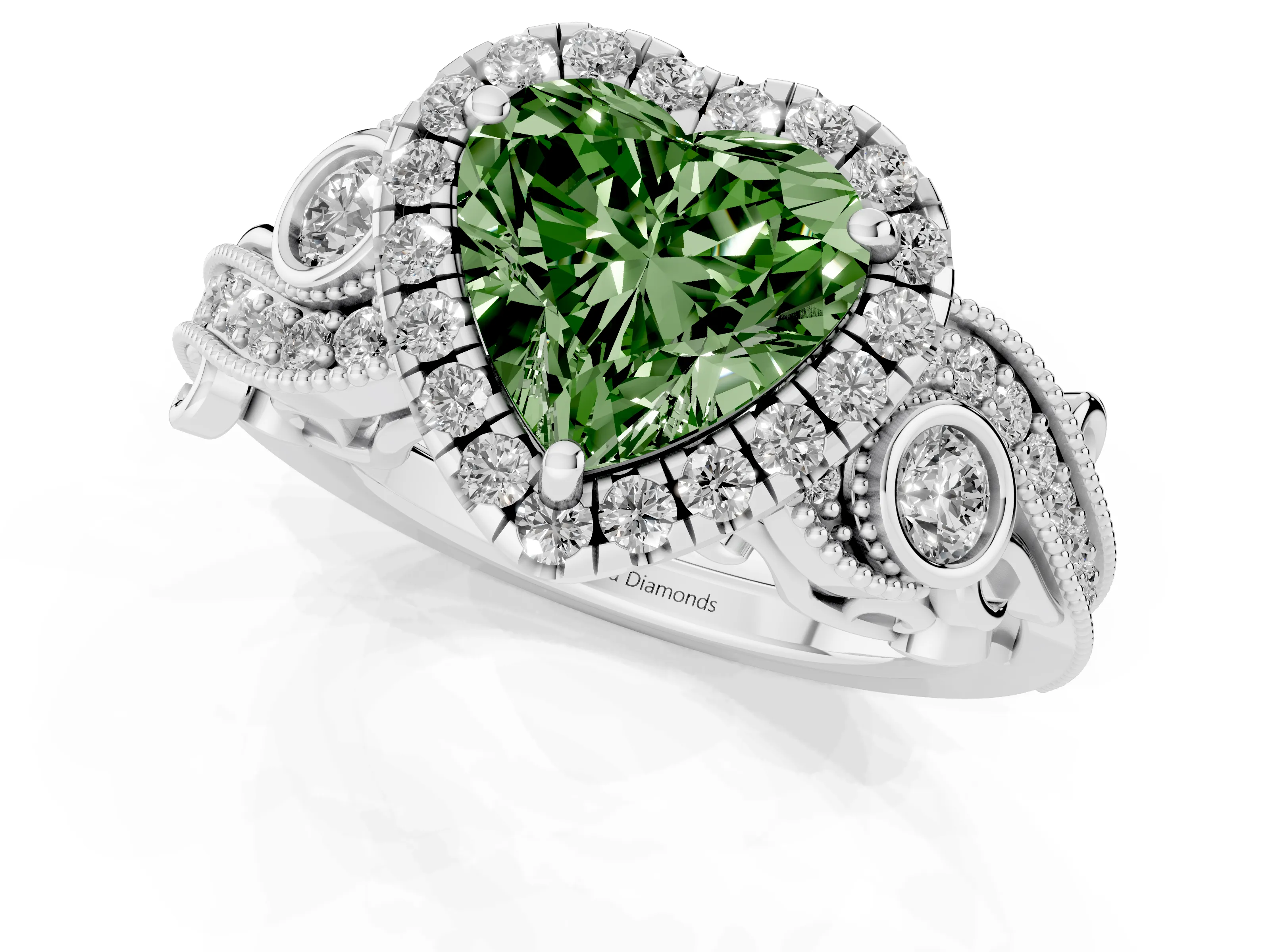 Fancy Green Heart Cut Diamond Halo Ring Set in White gold with Milgrain Pavé Band and Prong Setting