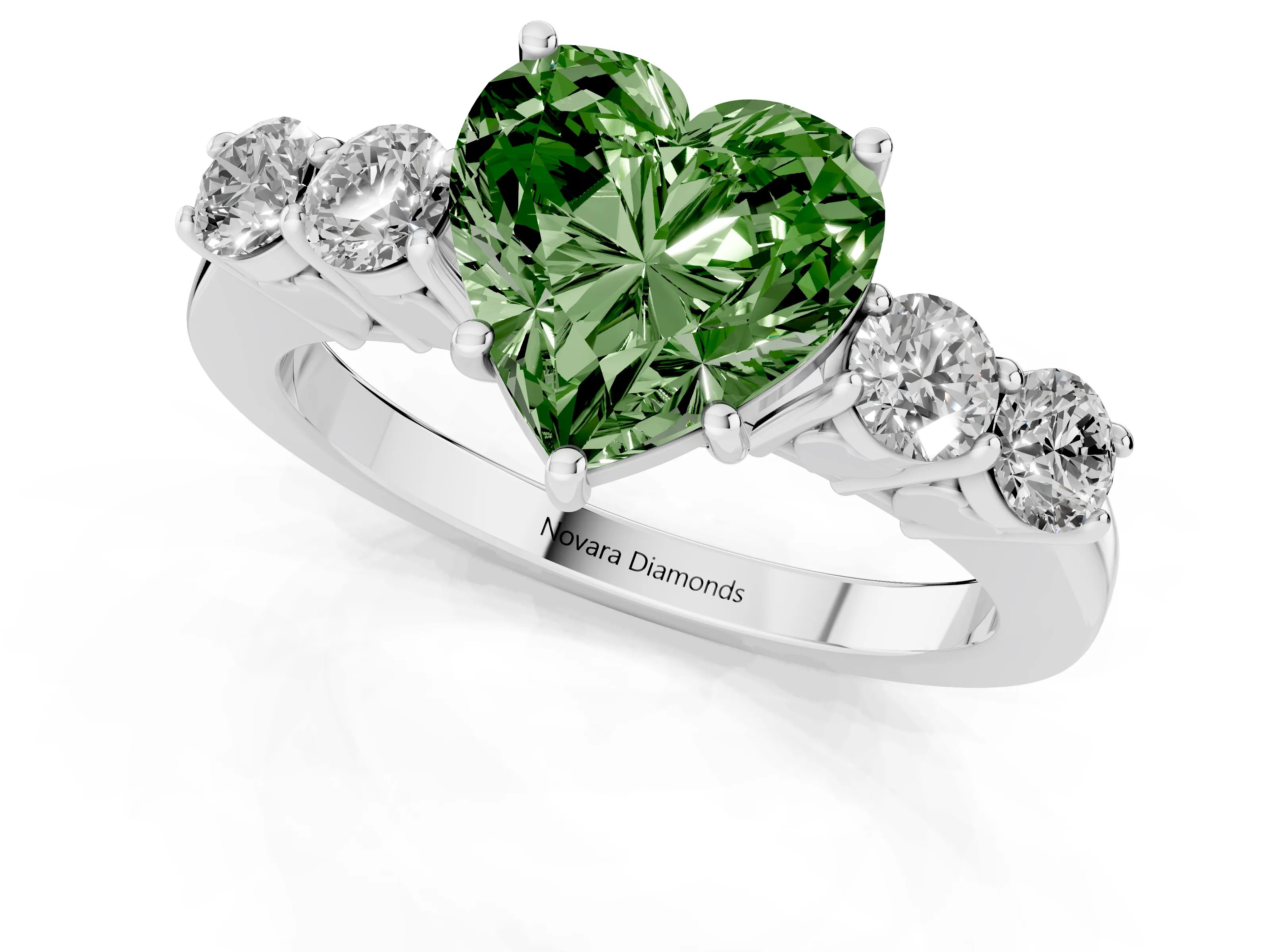 Fancy Green Heart Cut Diamond Five-Stone Prong Set Band Ring Set in Platinum with Polished Band