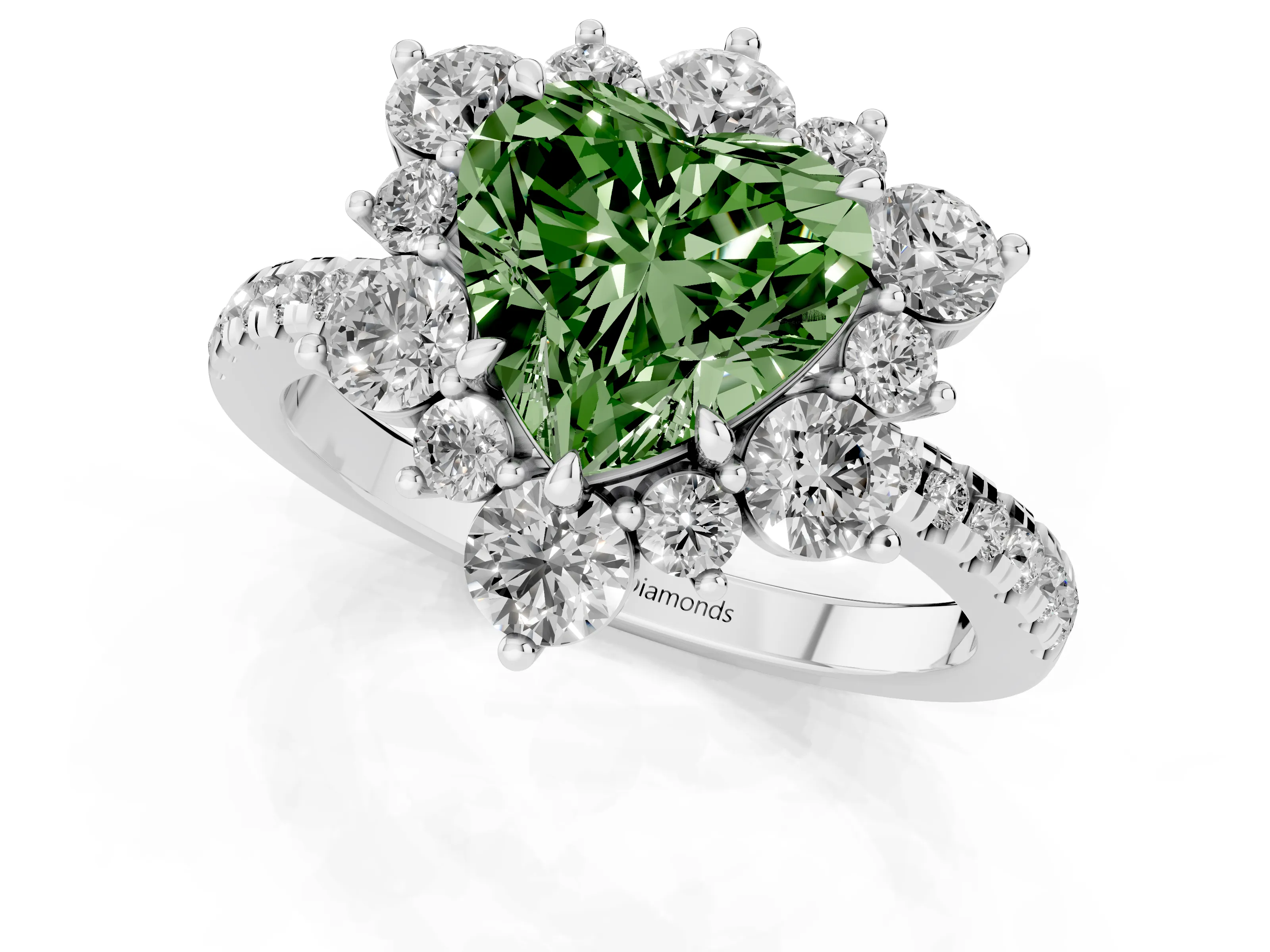 Fancy Green Heart Cut Diamond Floral Halo Ring Set in Silver with Round Pavé Band and Prong Setting