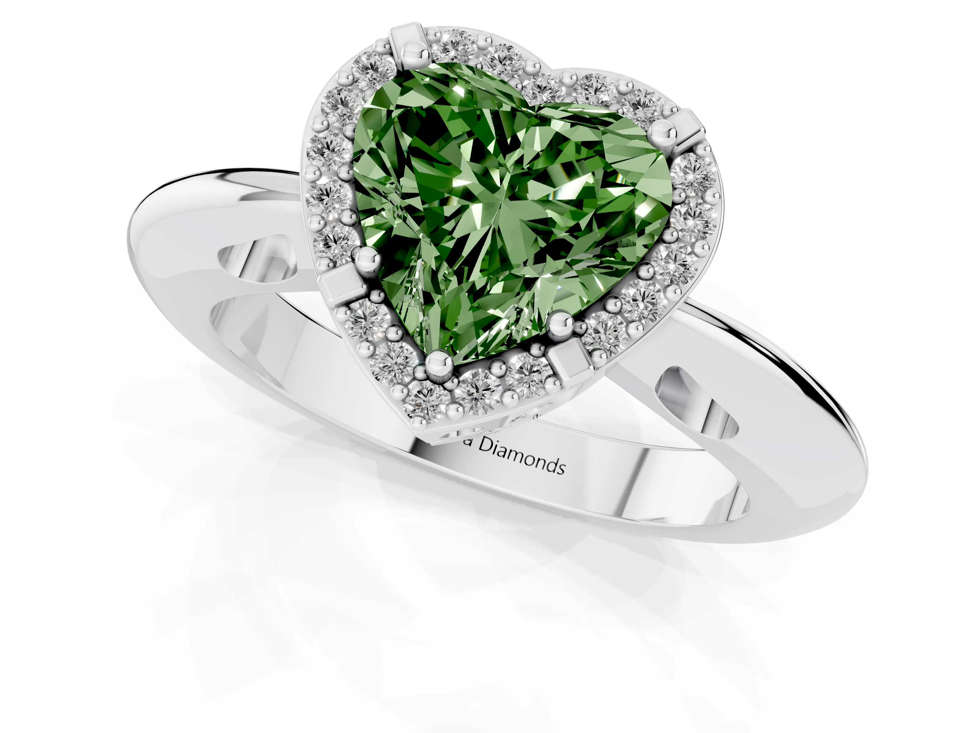 Fancy Green Heart Cut Diamond Halo Engagement Ring Set in Platinum with Plain Split Shank and Prong Setting