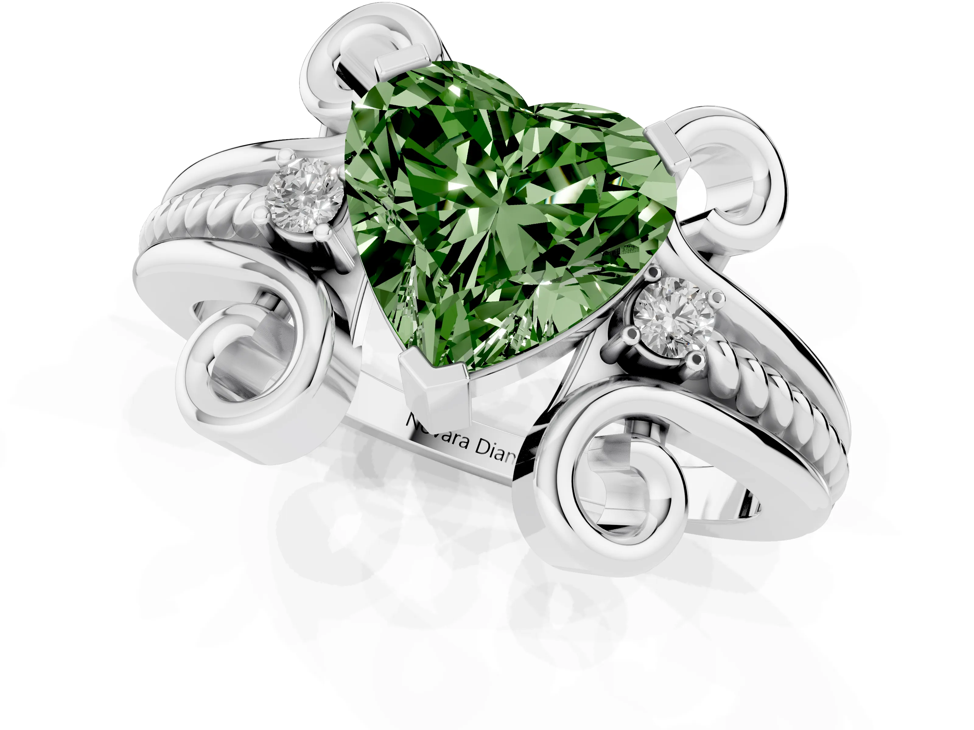 Fancy Green Heart Cut Diamond Twisted Band Solitaire Ring Set in Platinum with Scroll Prongs