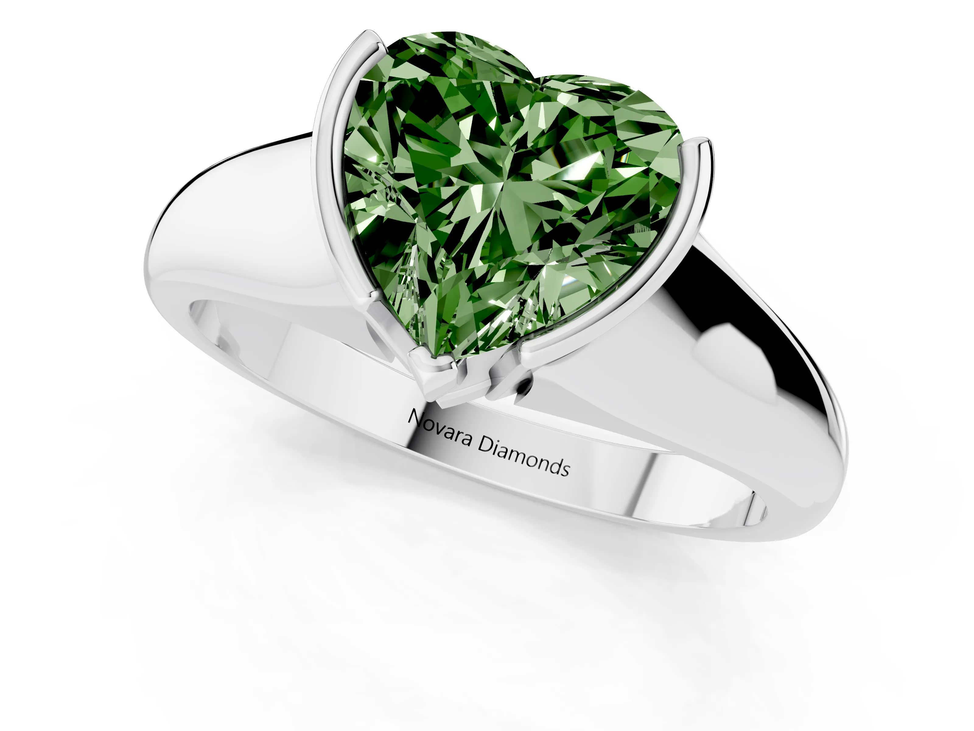 Fancy Green Heart Cut Diamond Solitaire Tension Set Ring Set in White gold with Split Shank Band