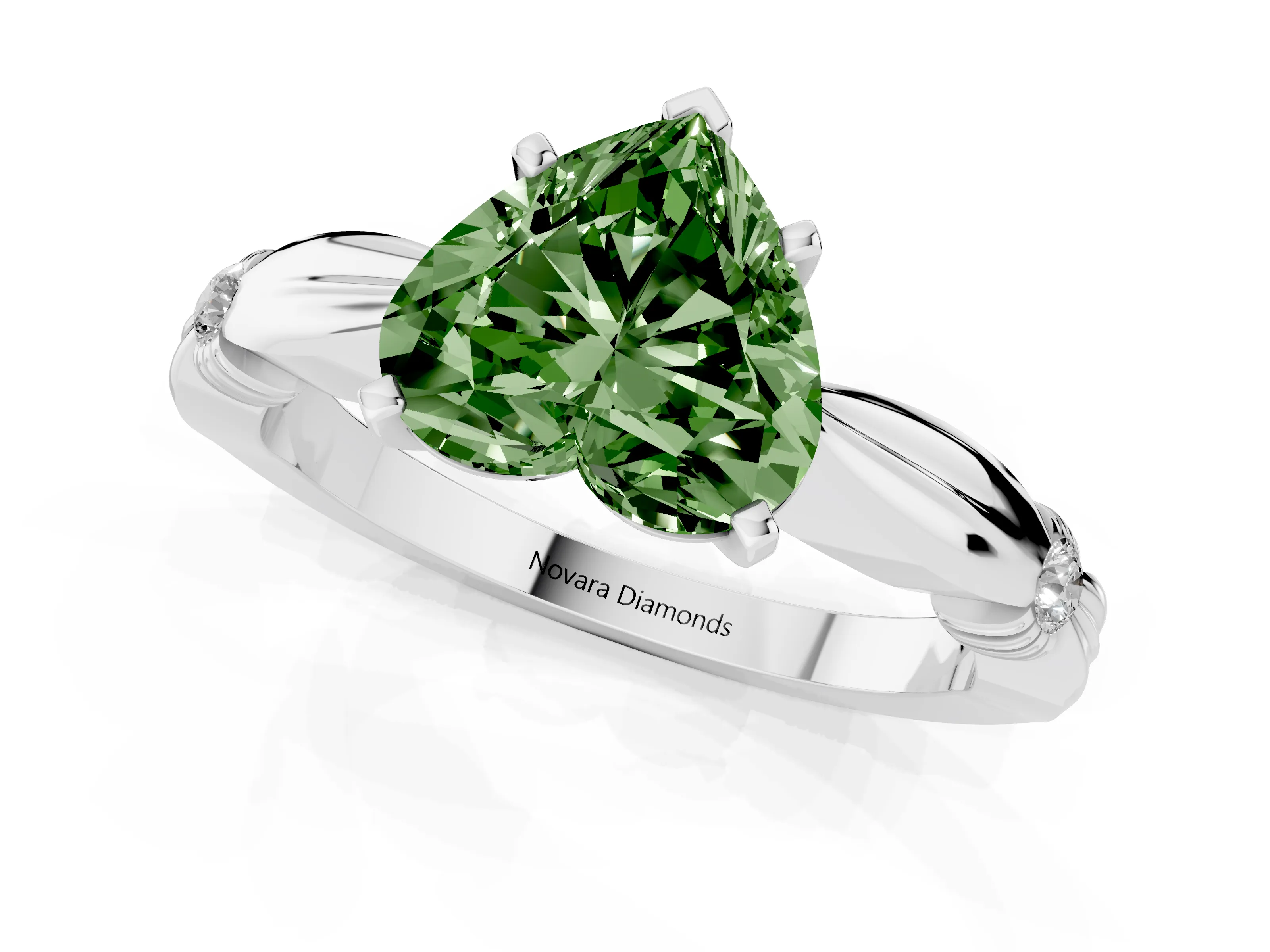 Fancy Green Heart Cut Diamond Solitaire Twisted Band Ring Set in Platinum with Accent Stones and Prong Setting – second view