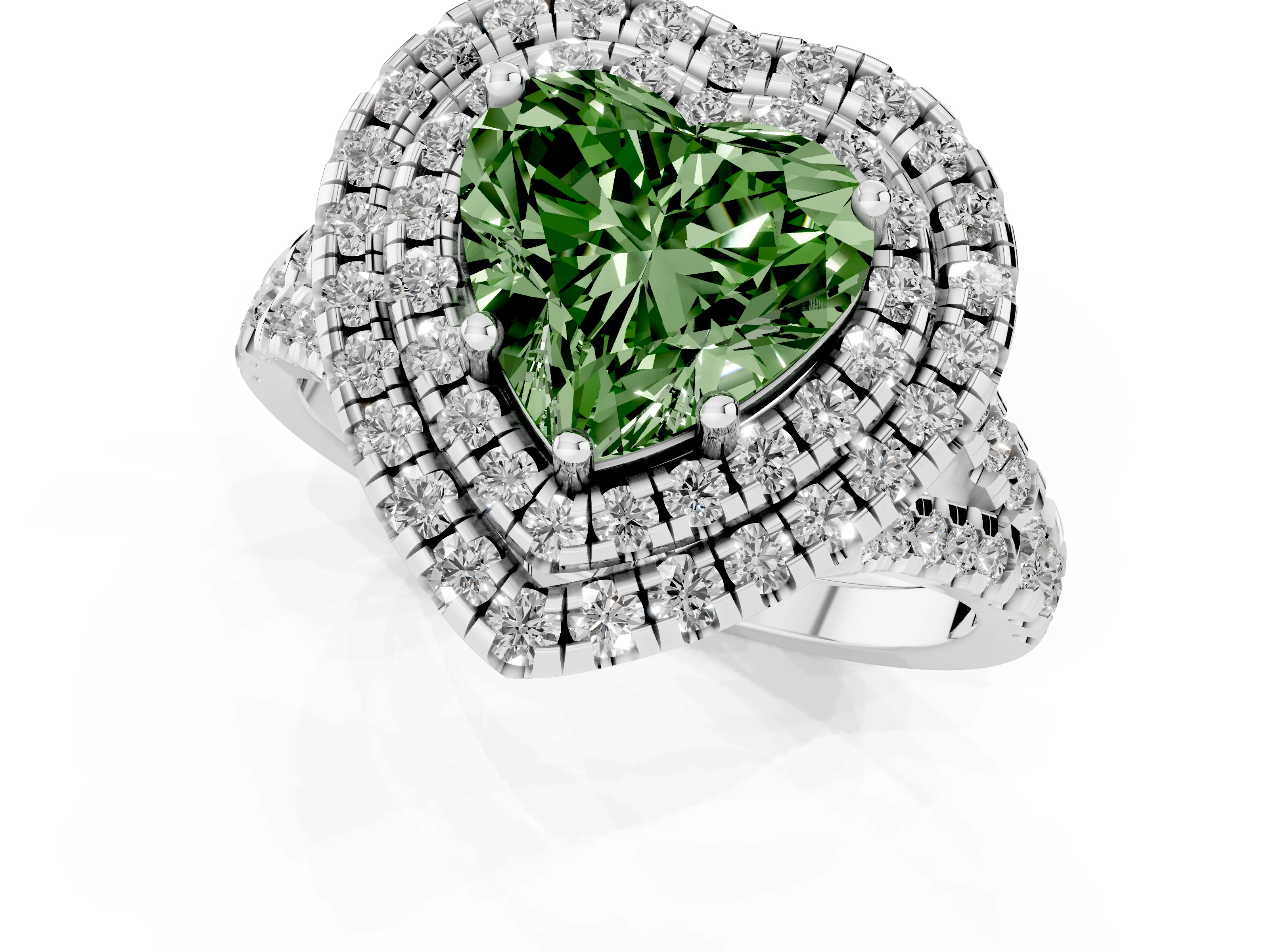 Fancy Green Heart Cut Diamond Double Halo Ring Set in Silver with Pavé Split Shank and Prong Setting