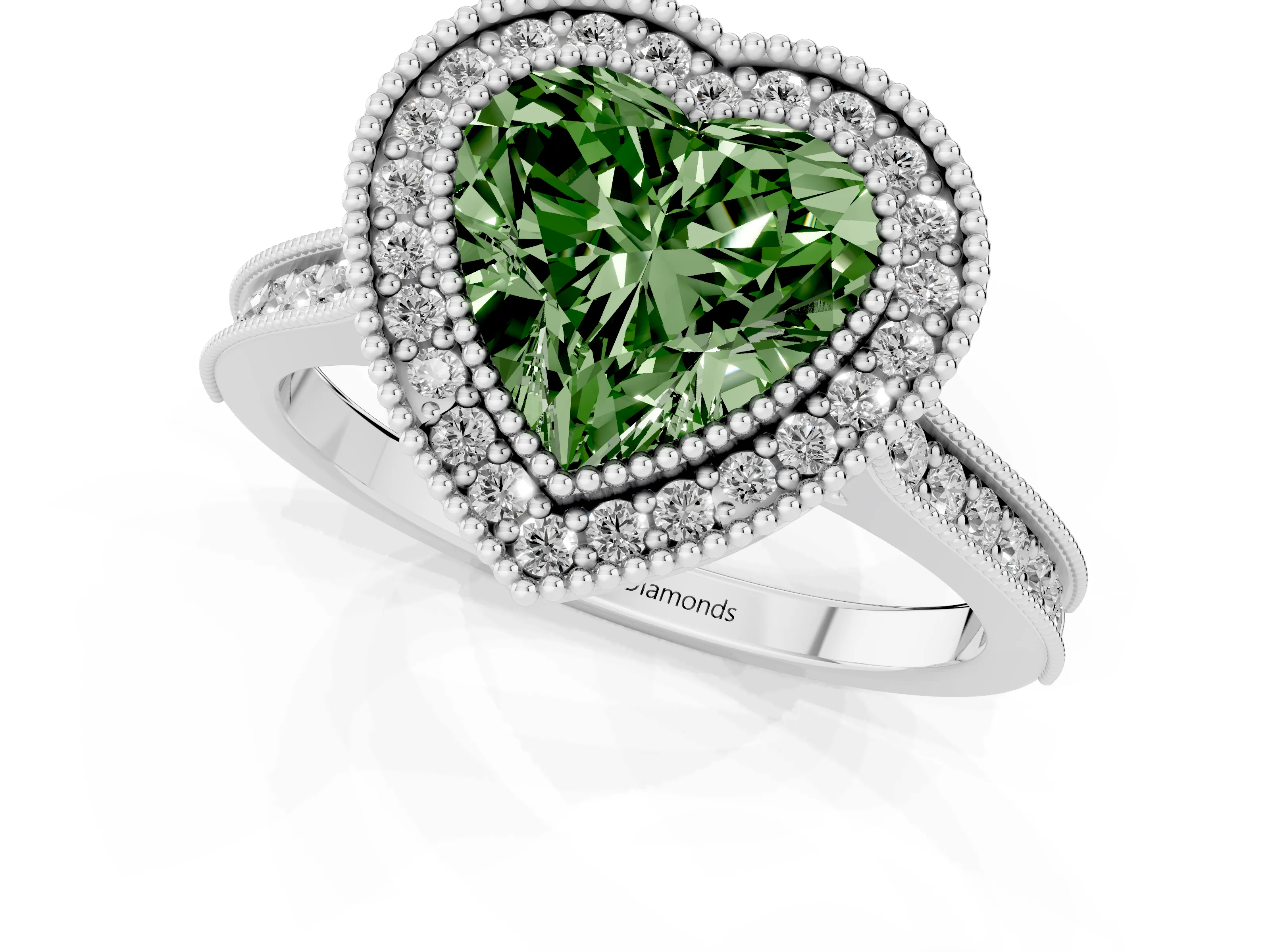 Fancy Green Heart Cut Diamond Halo Milgrain Pavé Band Ring Set in Platinum with Prong Setting