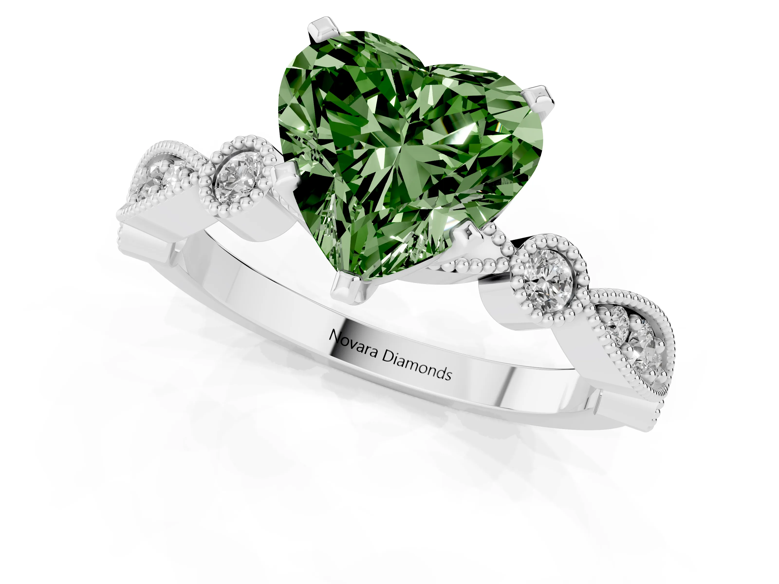 Fancy Green Heart Cut Diamond Solitaire Engagement Ring Set in Silver with Milgrain Bezel Accent Band