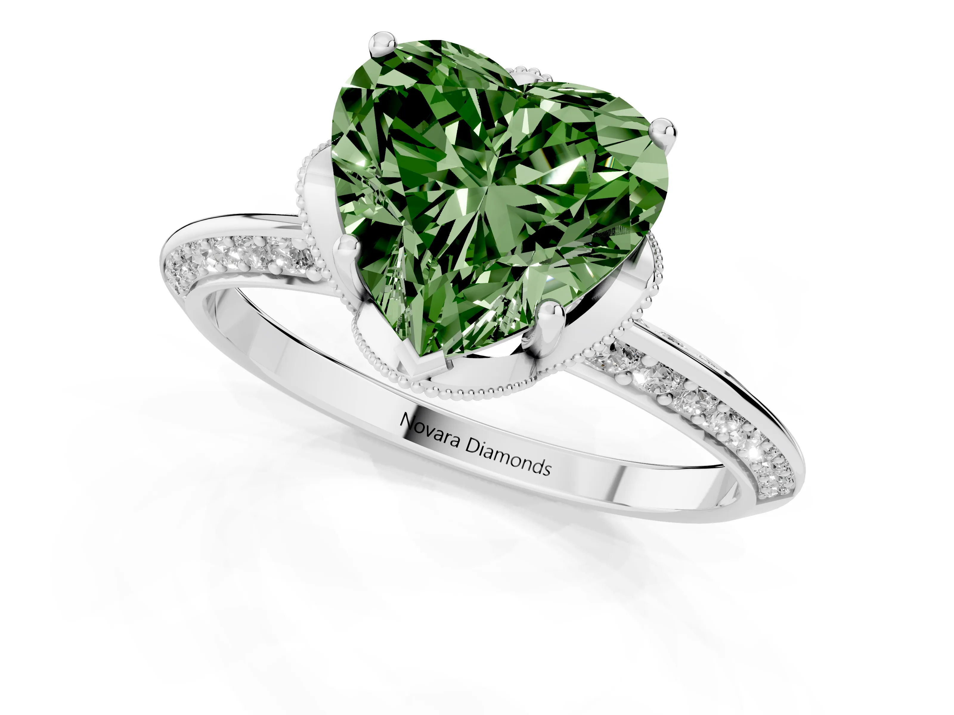 Fancy Green Heart Cut Diamond Solitaire Engagement Ring Set in White gold with Pavé Split Shank and Prong Setting