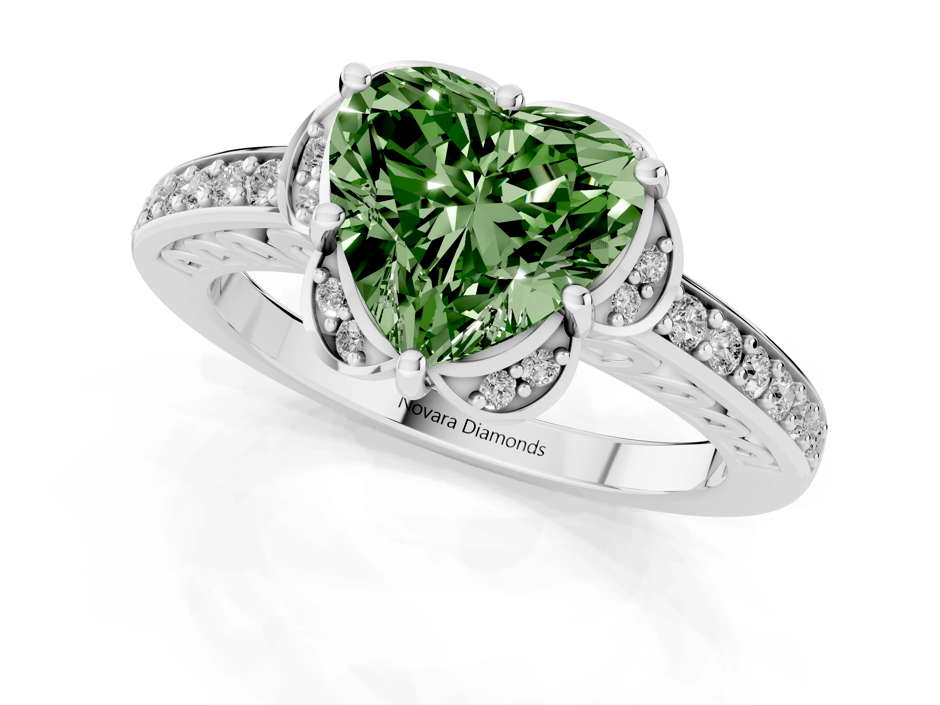 Fancy Green Heart Cut Diamond Halo Ring Set in Silver with Channel Set Band and Prong Setting