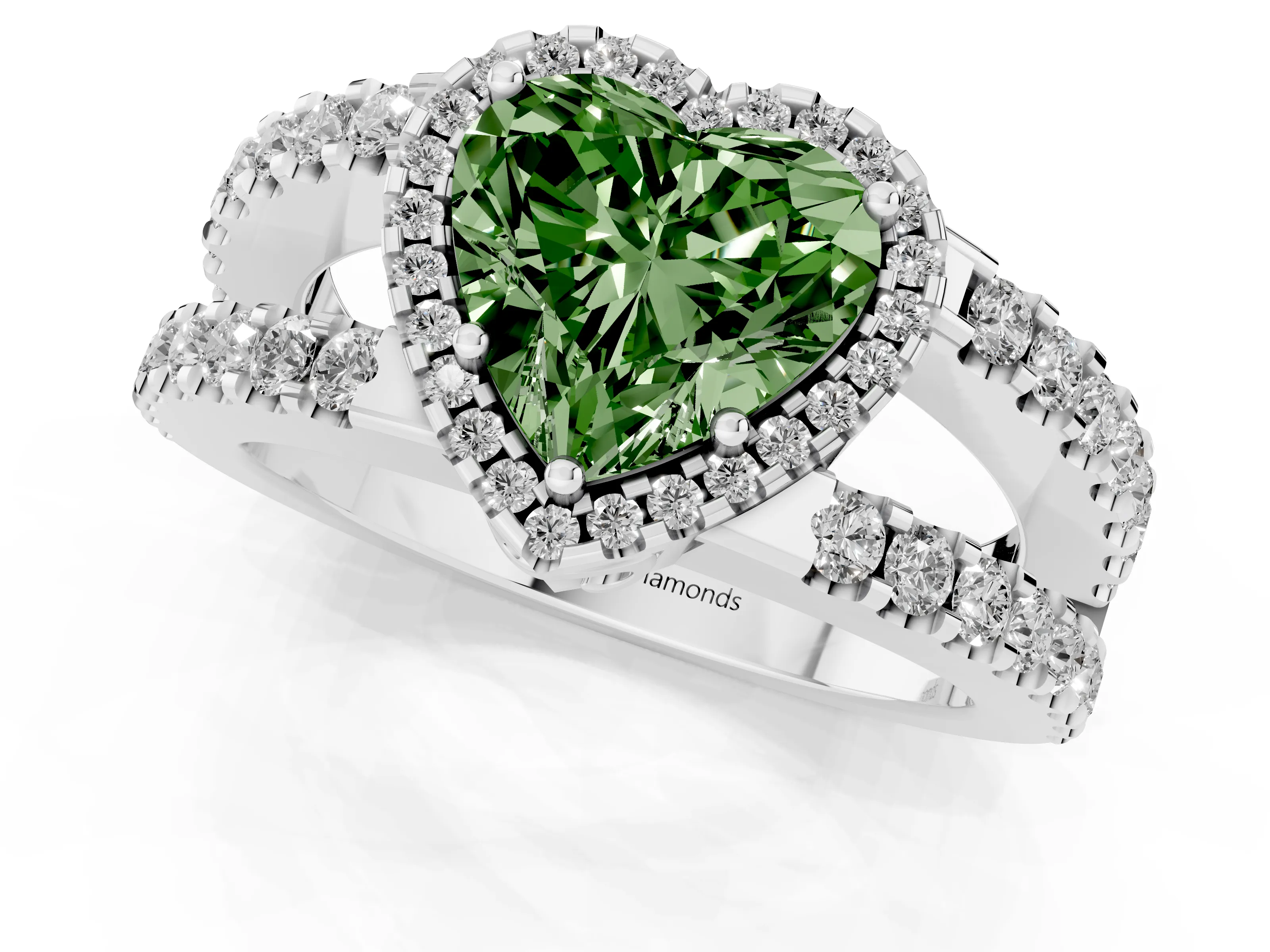 Fancy Green Heart Cut Diamond Halo Ring Set in Silver with Pavé Split Shank and Prong Setting