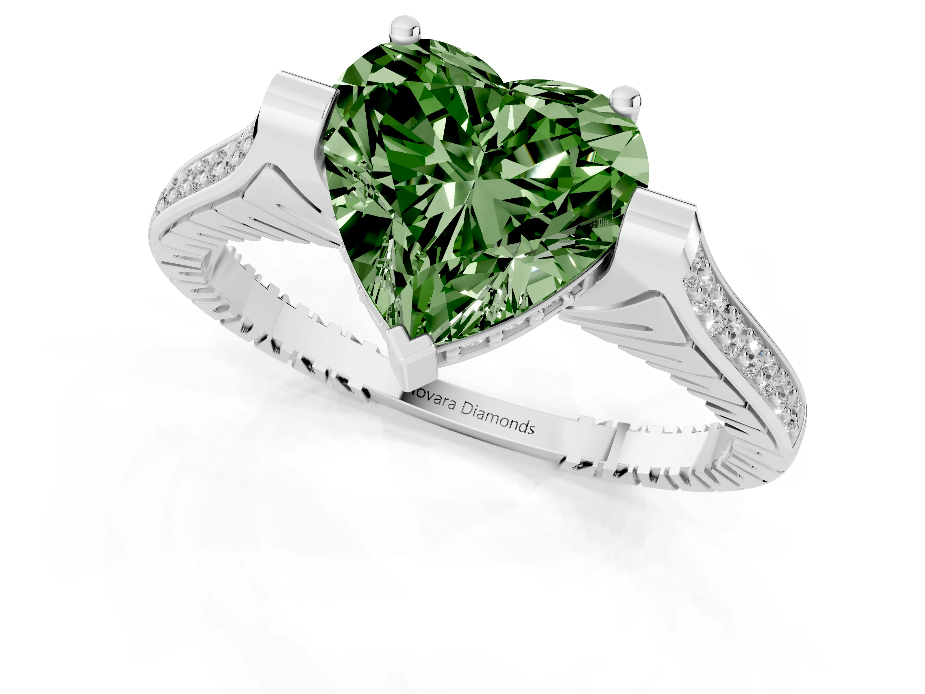 Fancy Green Heart Cut Diamond Solitaire Ring Set in White gold with Channel Set Band and Bezel Prong Setting