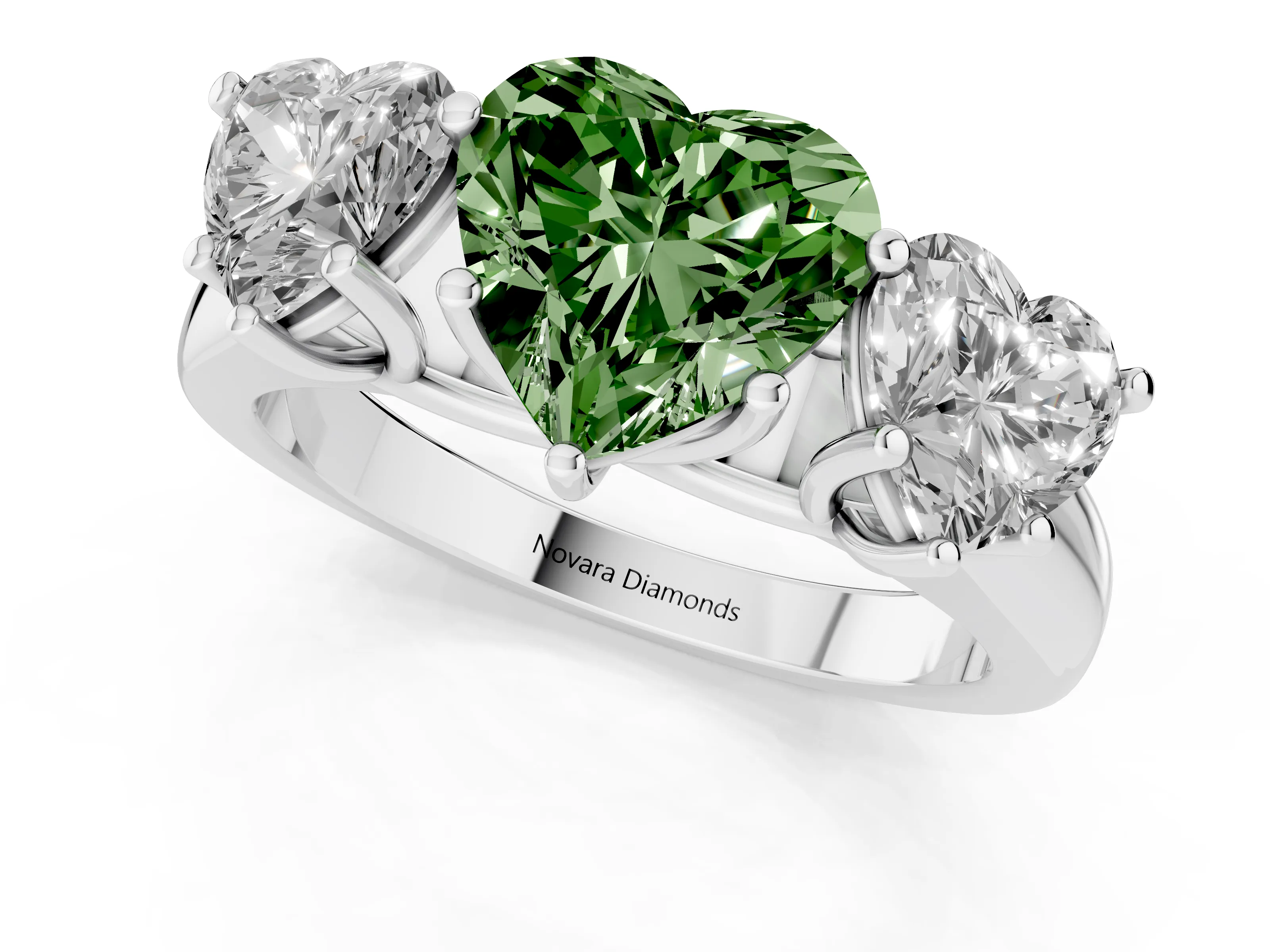 Fancy Green Heart Cut Diamond Three-Stone Ring Set in Silver with Plain Polished Band