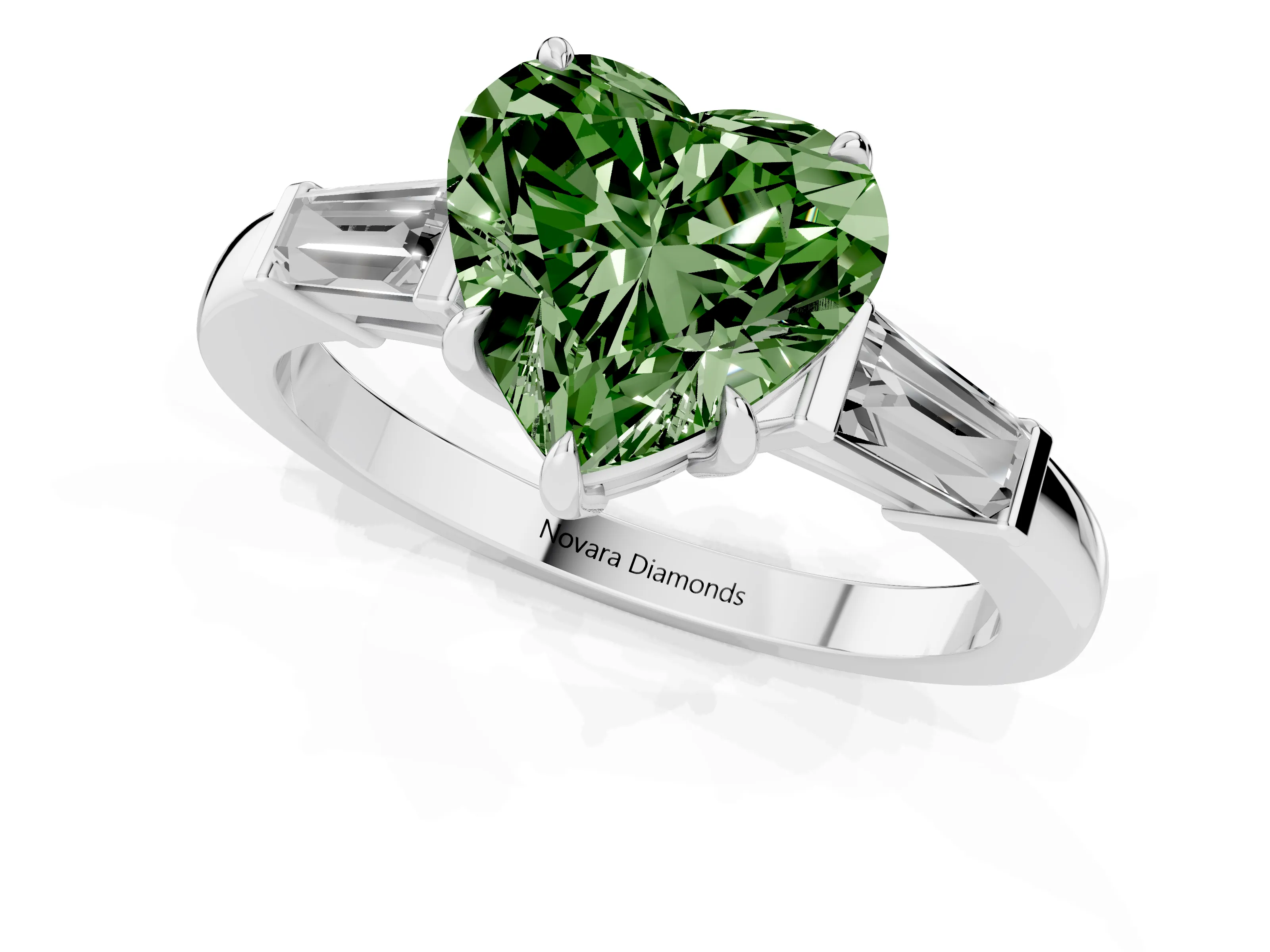 Fancy Green Heart Cut Diamond Three-Stone Ring Set in Platinum with Tapered Baguette Side Stones and Prong Setting