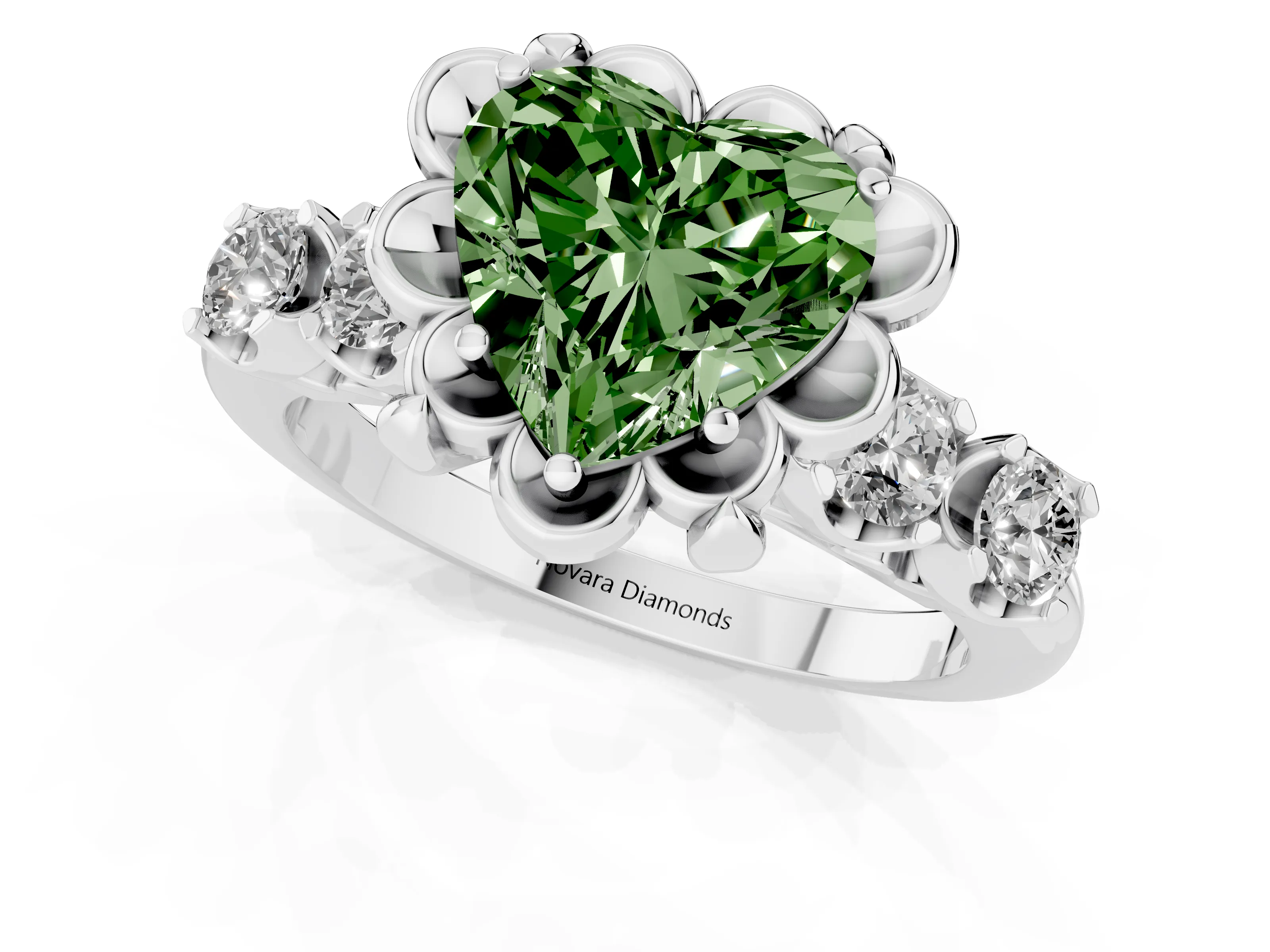 Fancy Green Heart Cut Diamond Floral Halo Ring Set in Silver with Shared Prong Band