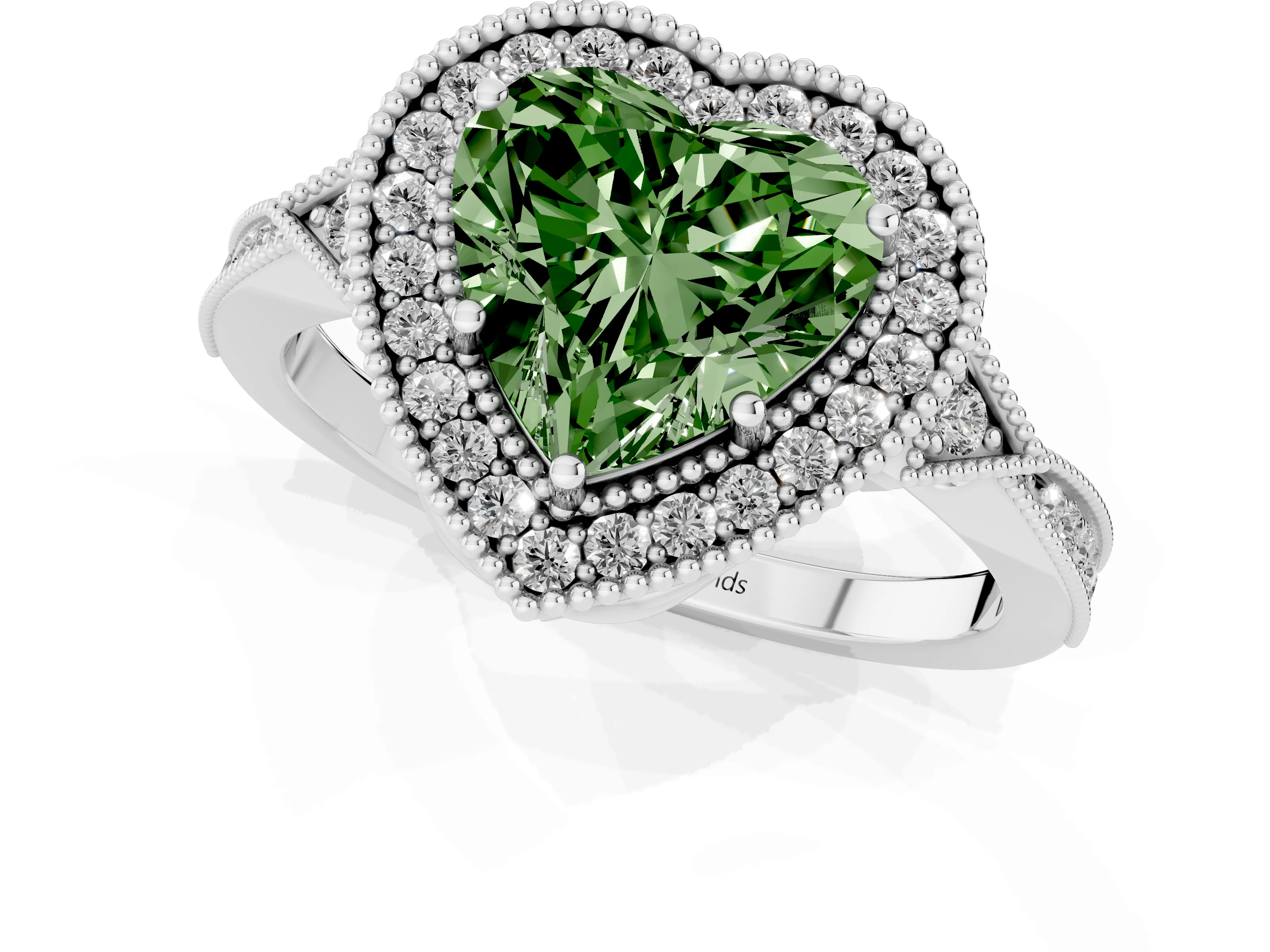 Fancy Green Heart Cut Diamond Halo Engagement Ring Set in White gold with Milgrain Pavé Band