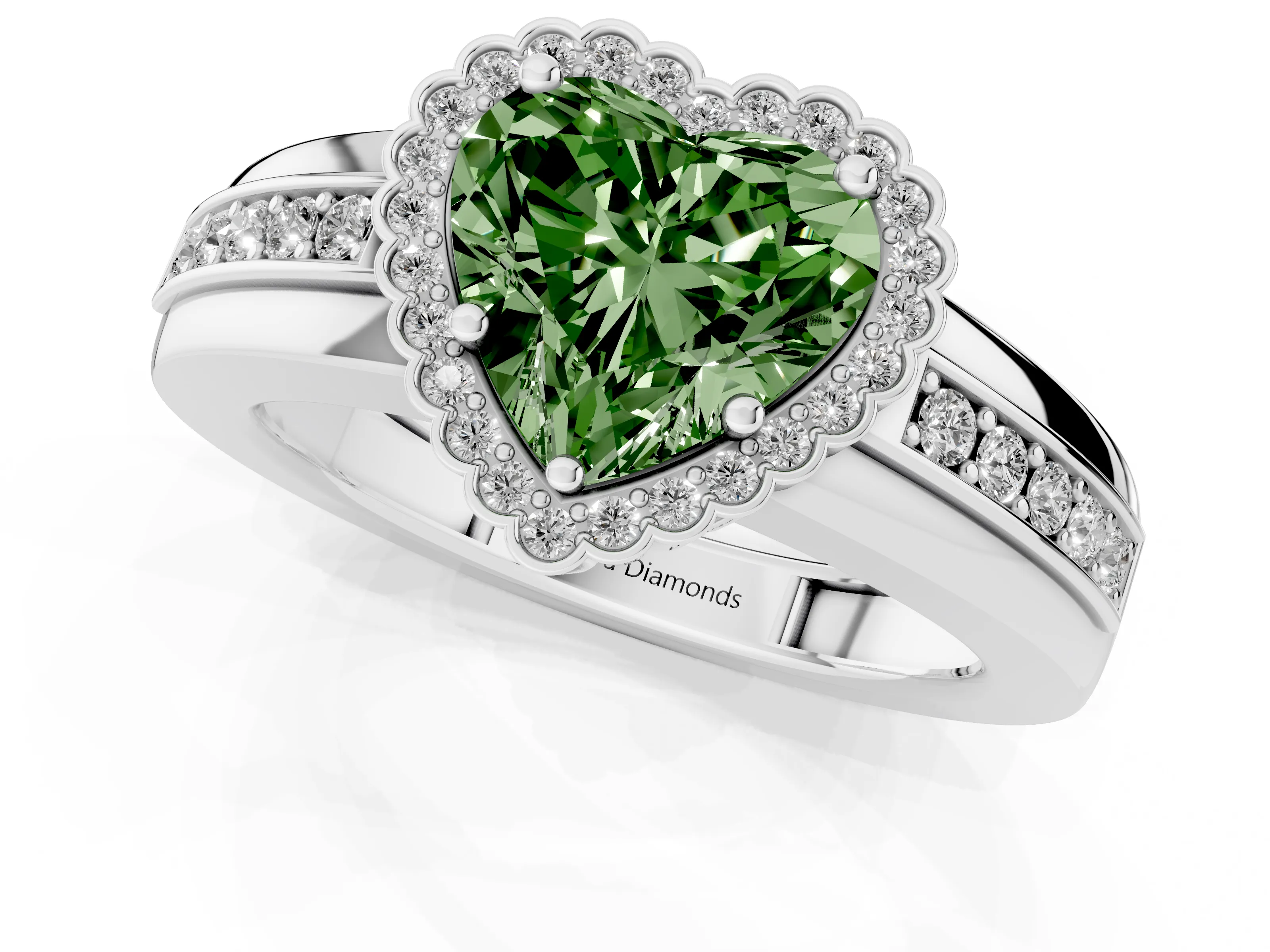 Fancy Green Heart Cut Diamond Halo Prong Ring Set in Platinum with Pavé Band