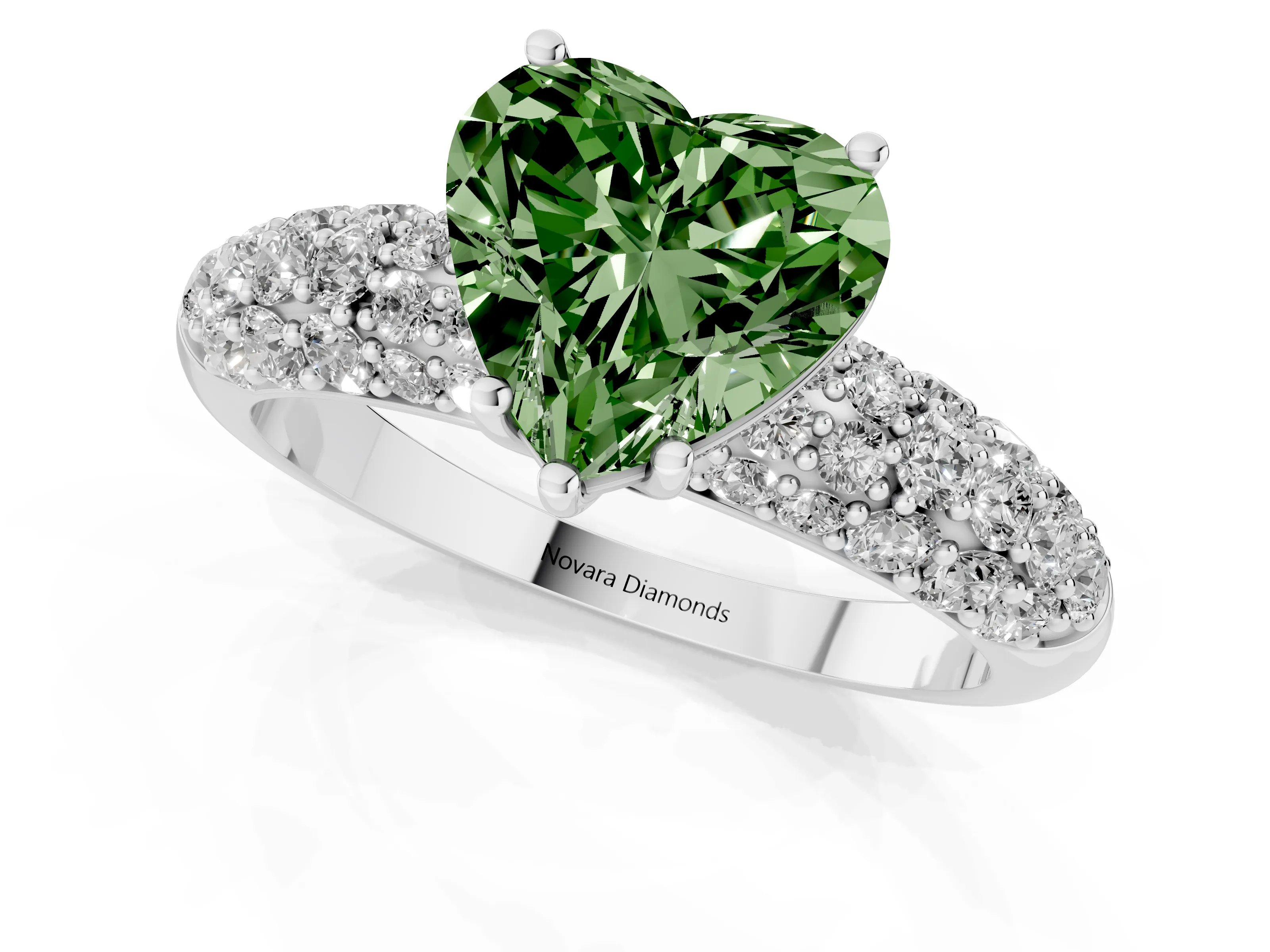 Fancy Green Heart Cut Diamond Pavé Band Solitaire Ring Set in White gold with Close-Set Accent Stones and Prong Setting
