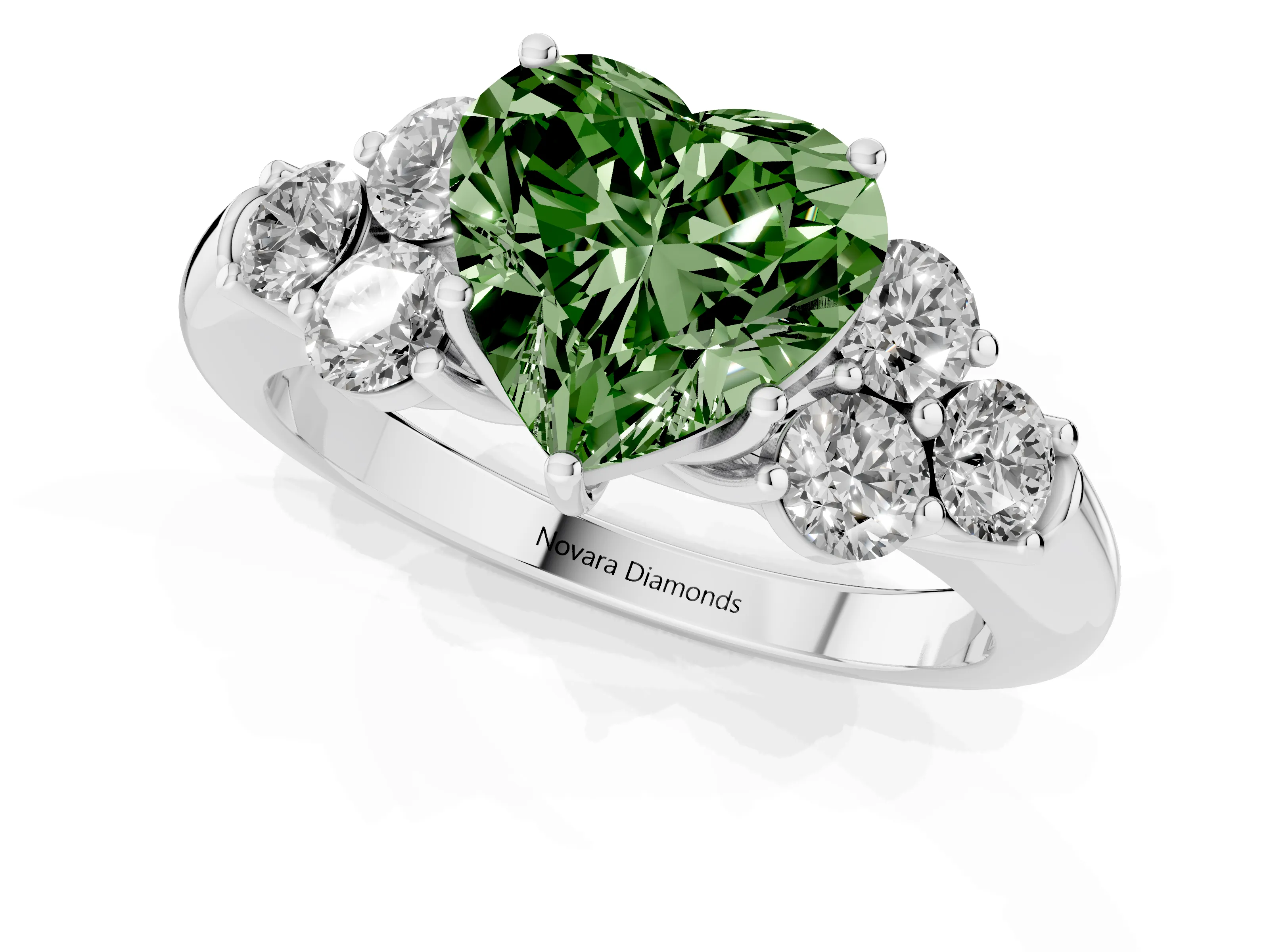 Fancy Green Heart Cut Diamond Cluster Ring Set in Platinum with Round Accent Stones and Prong Setting on a Plain Band