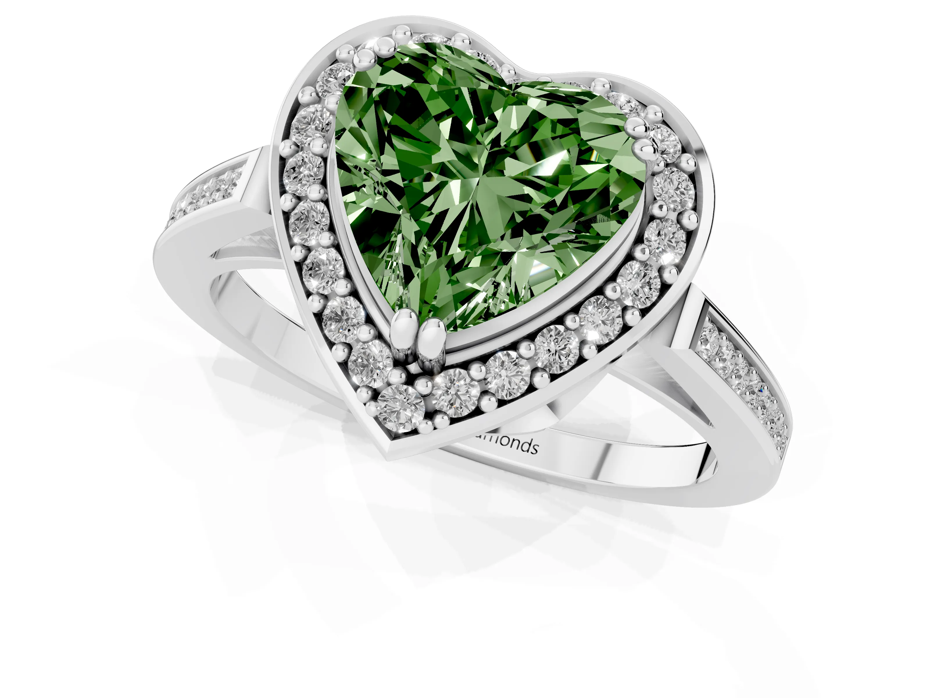 Fancy Green Heart Cut Diamond Halo Ring Set in White gold with Accent-Lined Split Shank and Prong Setting