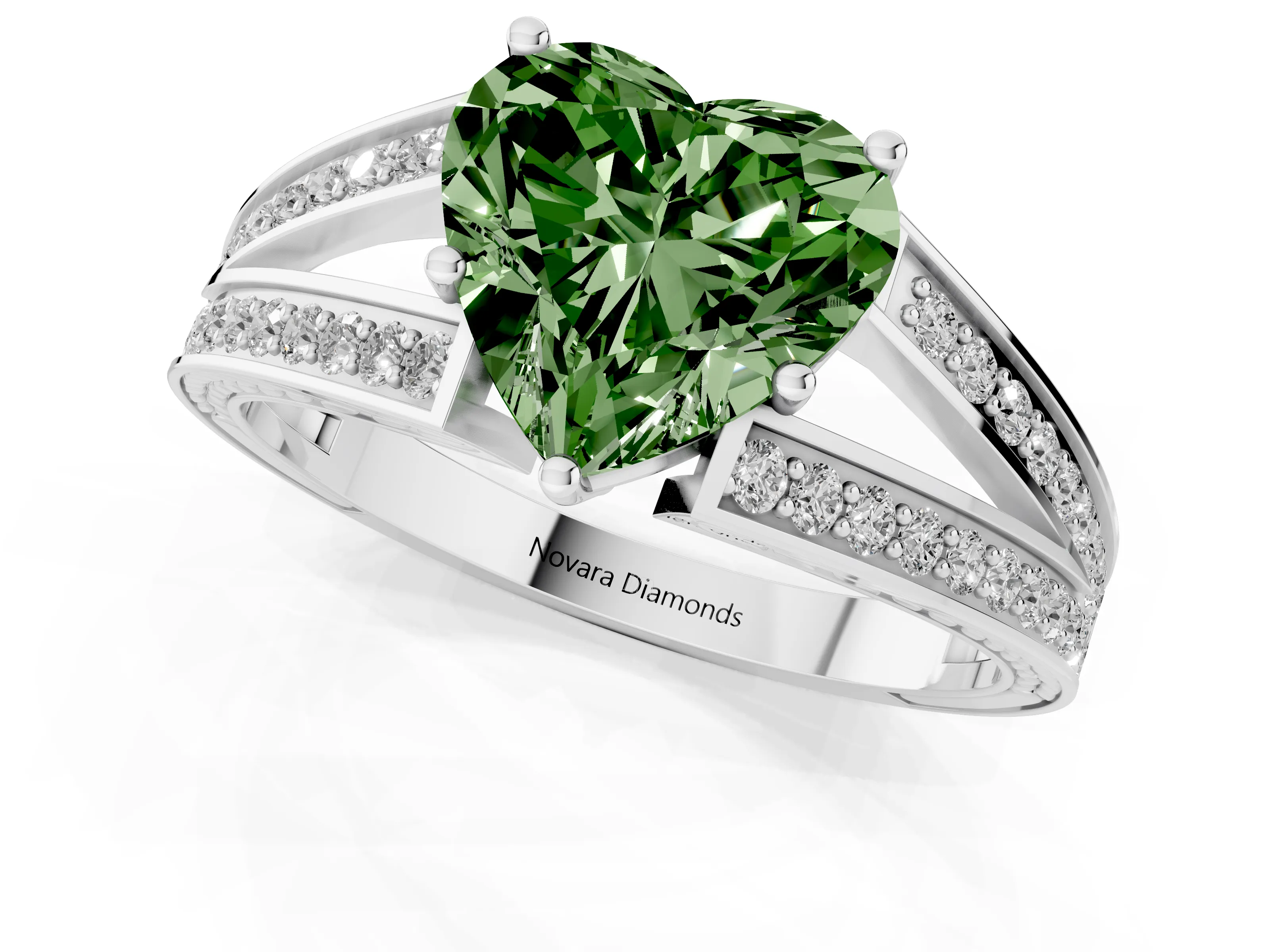 Fancy Green Heart Cut Diamond Split Shank Ring Set in Silver with Pavé Band and Prong Setting