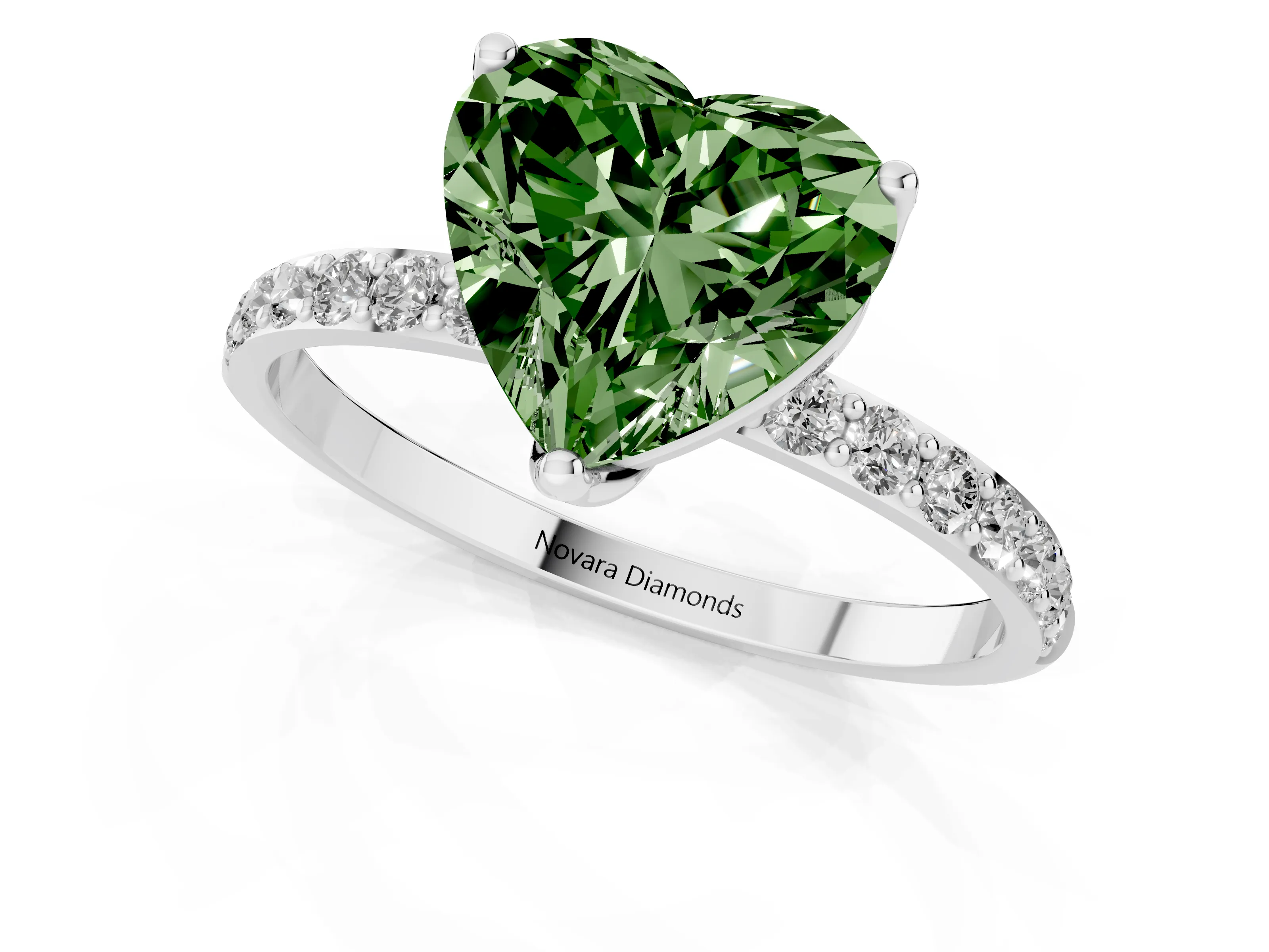 Fancy Green Heart Cut Diamond Solitaire Engagement Ring Set in Platinum with Round Pavé Band and Prong Setting