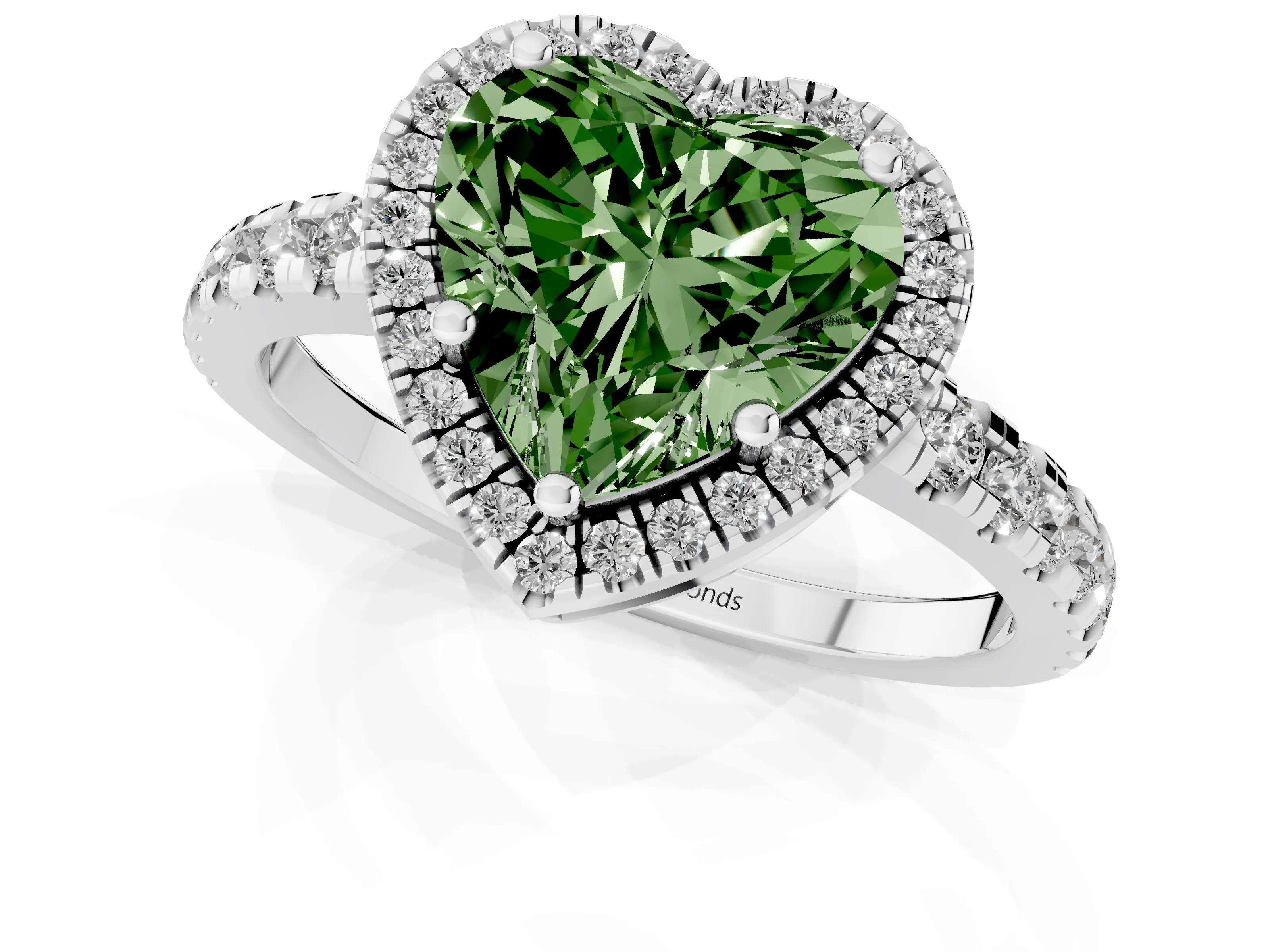 Fancy Green Heart Cut Diamond Halo Ring Set in Platinum with Delicate Pavé Band and Prong Setting