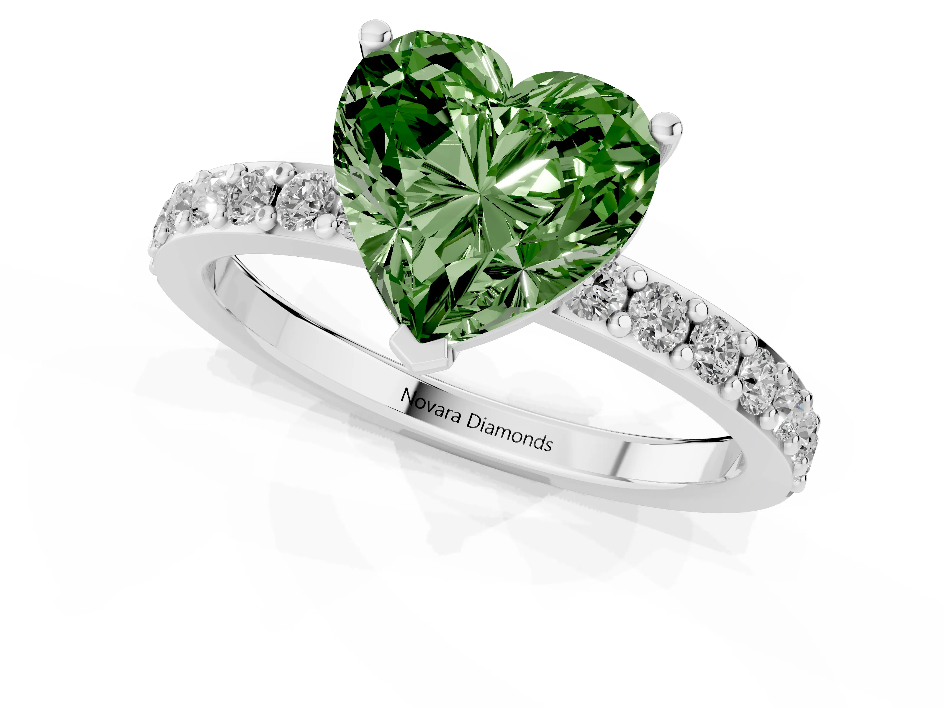 Fancy Green Heart Cut Diamond Solitaire Set in White gold with Round Pavé Band and Prong Setting
