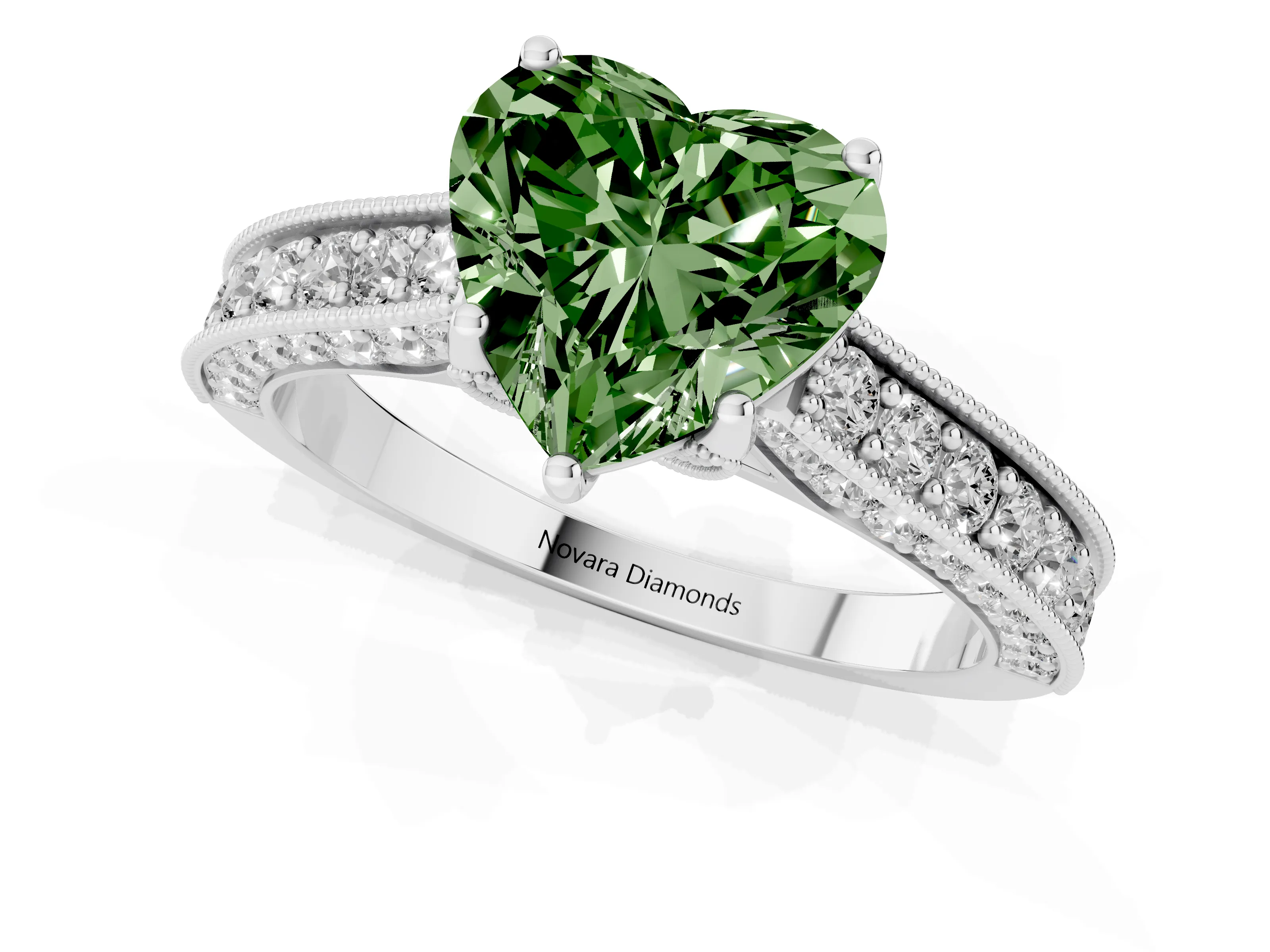 Fancy Green Heart Cut Diamond Solitaire Ring Set in White gold with Milgrain-Edged Pavé Band and Prong Setting