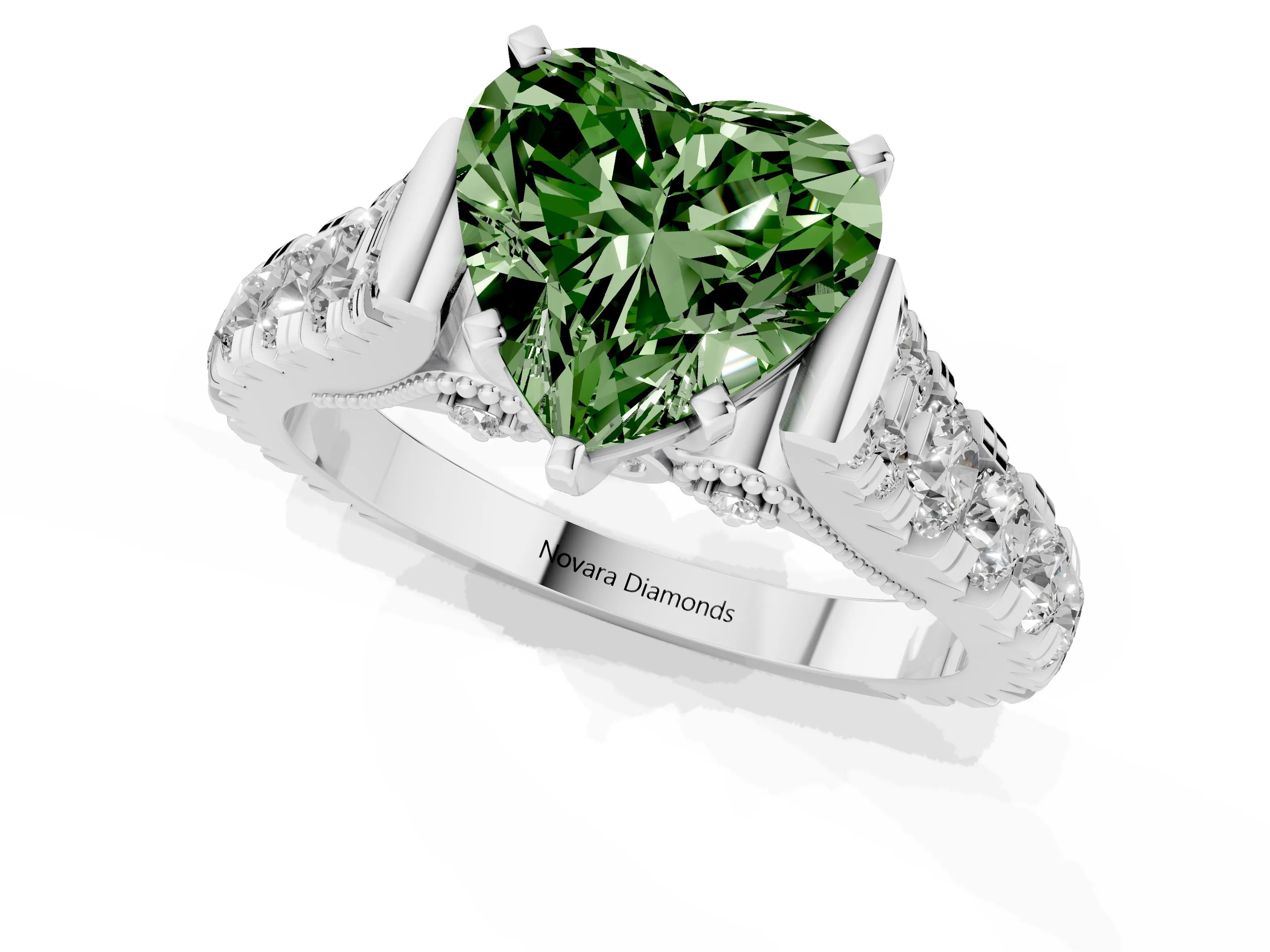 Fancy Green Heart Cut Diamond Classic Solitaire Ring Set in Silver with Pavé Band and Prong Setting