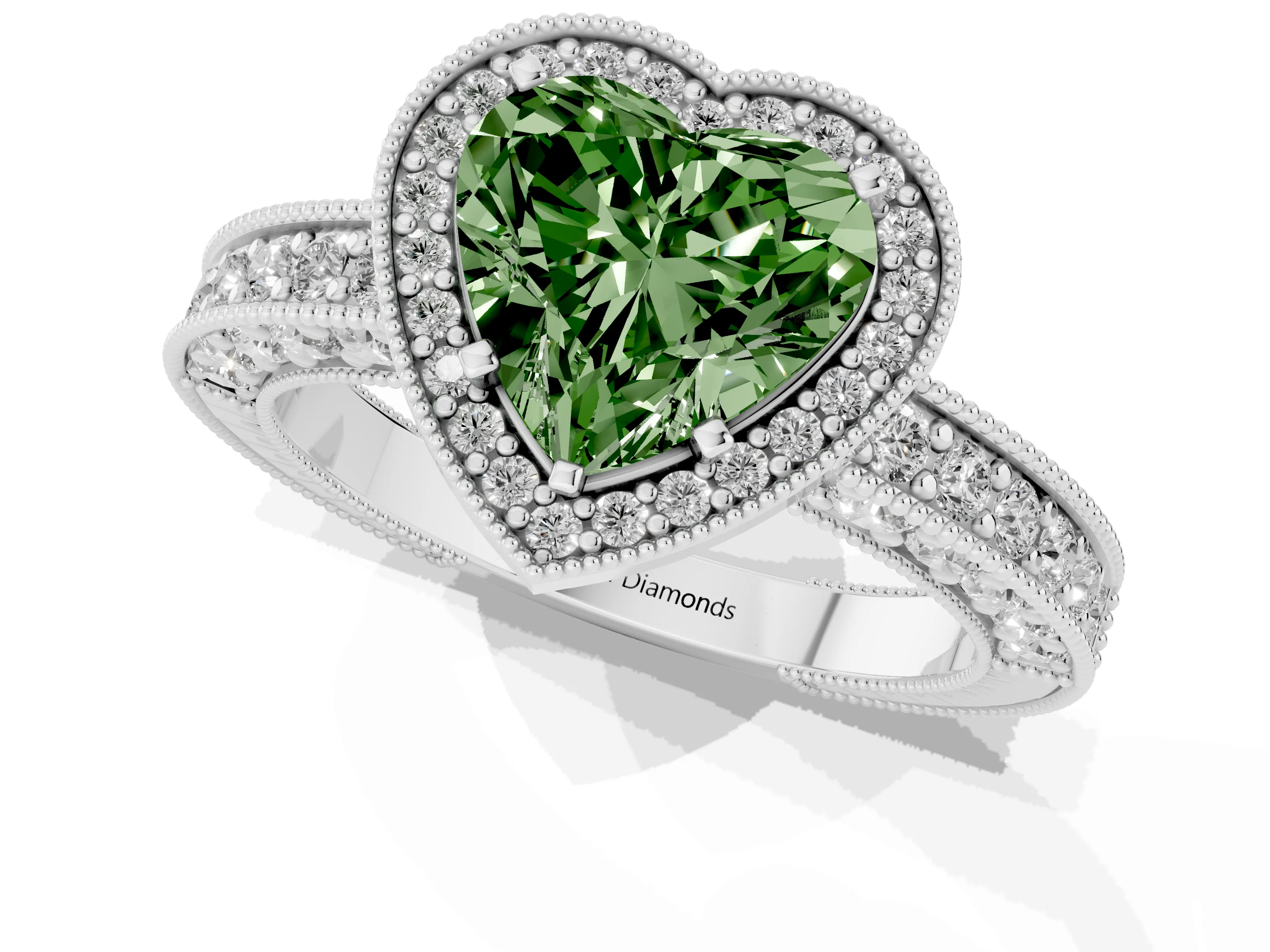 Fancy Green Heart Cut Diamond Halo Pavé Band Ring Set in Silver with Prong-Set Center