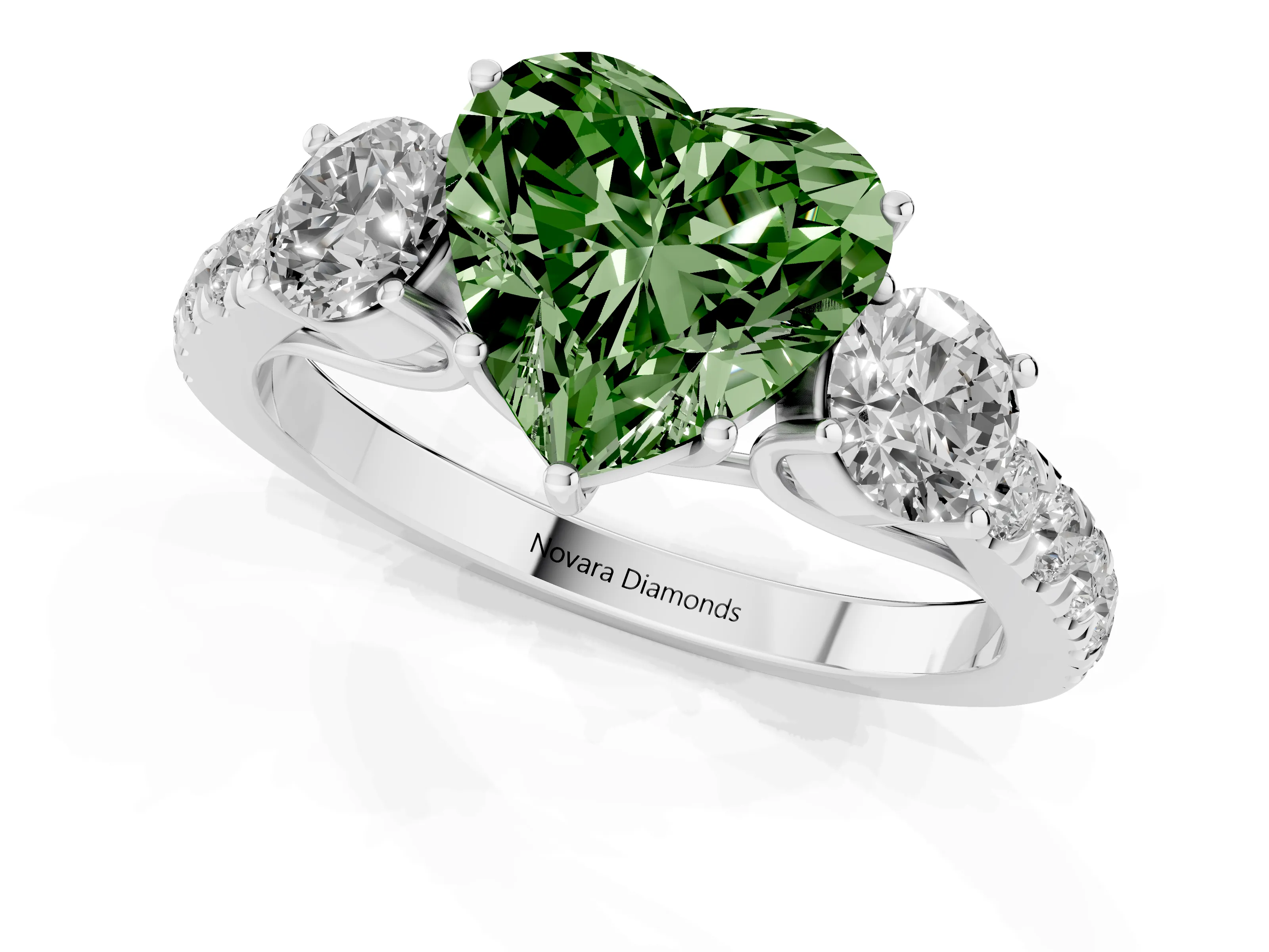 Fancy Green Heart Cut Diamond Three-Stone Ring Set in White gold with Round Side Stones and Delicate Pavé Band