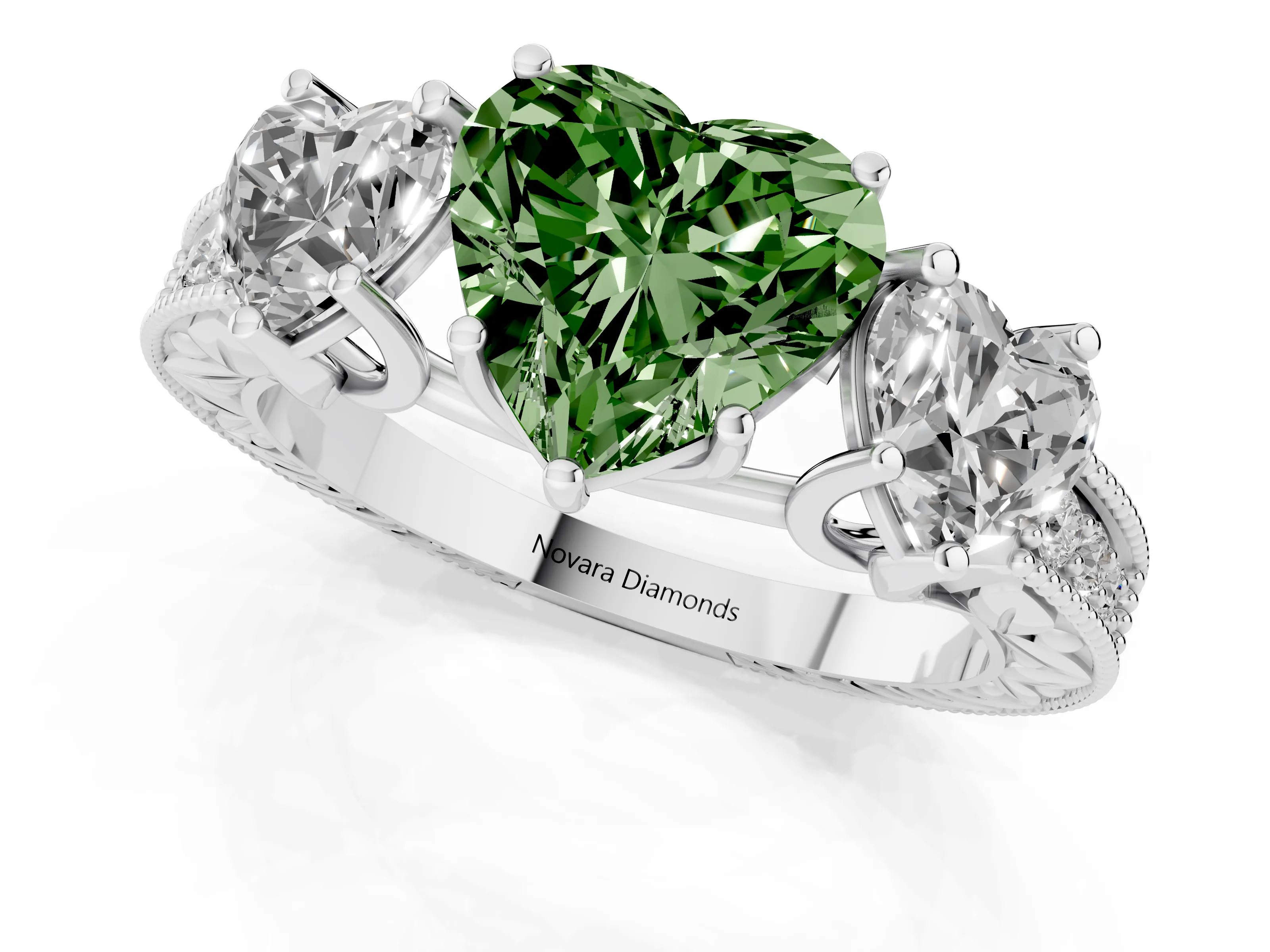 Fancy Green Heart Cut Diamond Three-Stone Engagement Ring Set in Silver with Milgrain Pavé Band