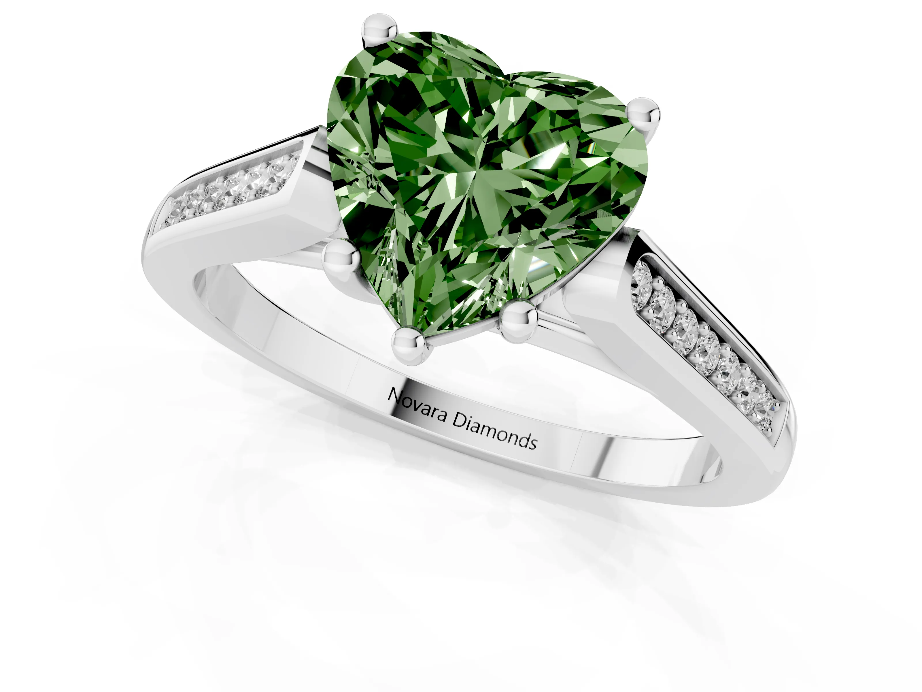 Fancy Green Heart Cut Diamond Solitaire Cathedral Engagement Ring Set in White gold with Channel-Set Band and Prong Setting
